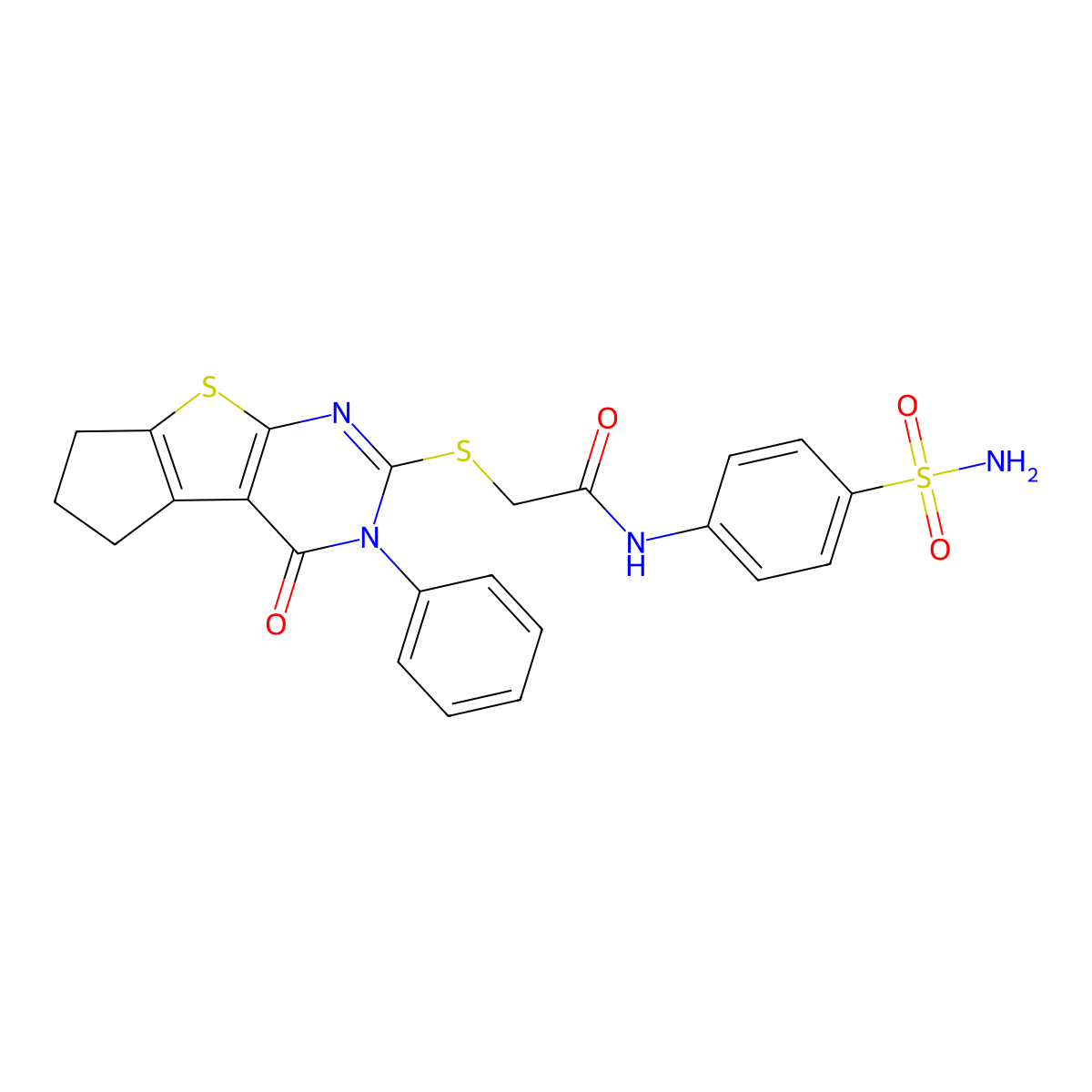 2-(4-oxo-3-phenyl(3,5,6,7-tetrahydrocyclopenta[2,1-d]pyrimidino[4,5-b]thiophen-2-ylthio))-N-(4-sulfamoylphenyl)acetamide molecular structure, CAS 496028-97-8