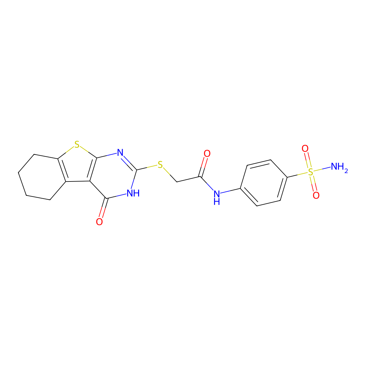 2-[(4-hydroxy-5,6,7,8-tetrahydro[1]benzothieno[2,3-d]pyrimidin-2-yl)sulfanyl]-N-(4-sulfamoylphenyl)acetamide molecular structure, CAS 496028-98-9