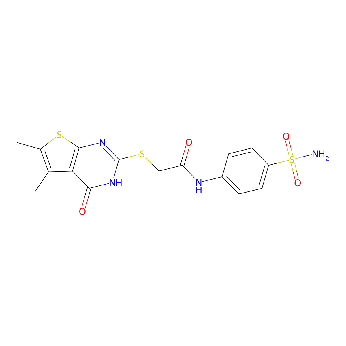 2-[(4-hydroxy-5,6-dimethylthieno[2,3-d]pyrimidin-2-yl)sulfanyl]-N-(4-sulfamoylphenyl)acetamide molecular structure, CAS 496029-00-6