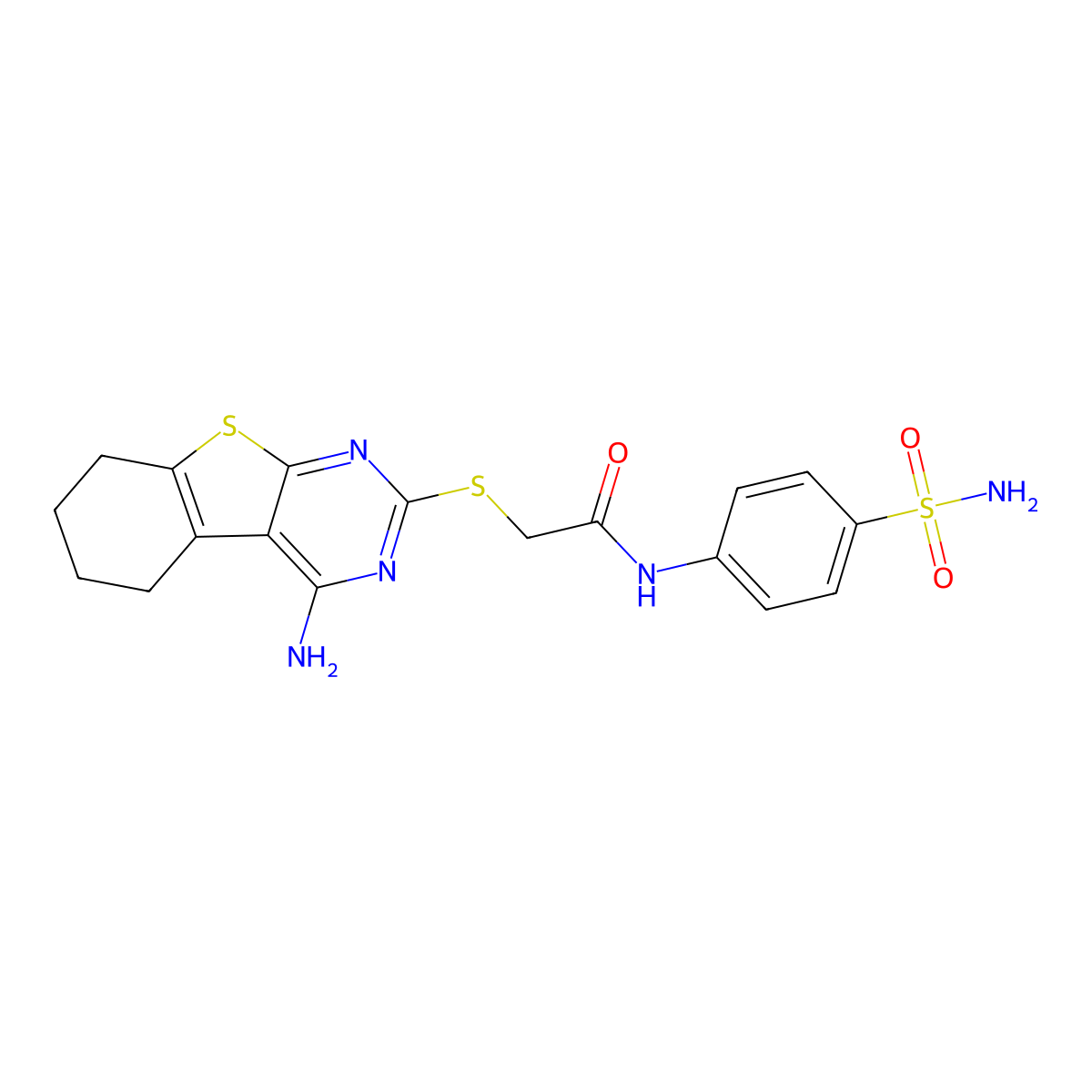2-[(4-amino-5,6,7,8-tetrahydro-[1]benzothiolo[2,3-d]pyrimidin-2-yl)sulfanyl]-N-(4-sulfamoylphenyl)acetamide molecular structure, CAS 496029-01-7