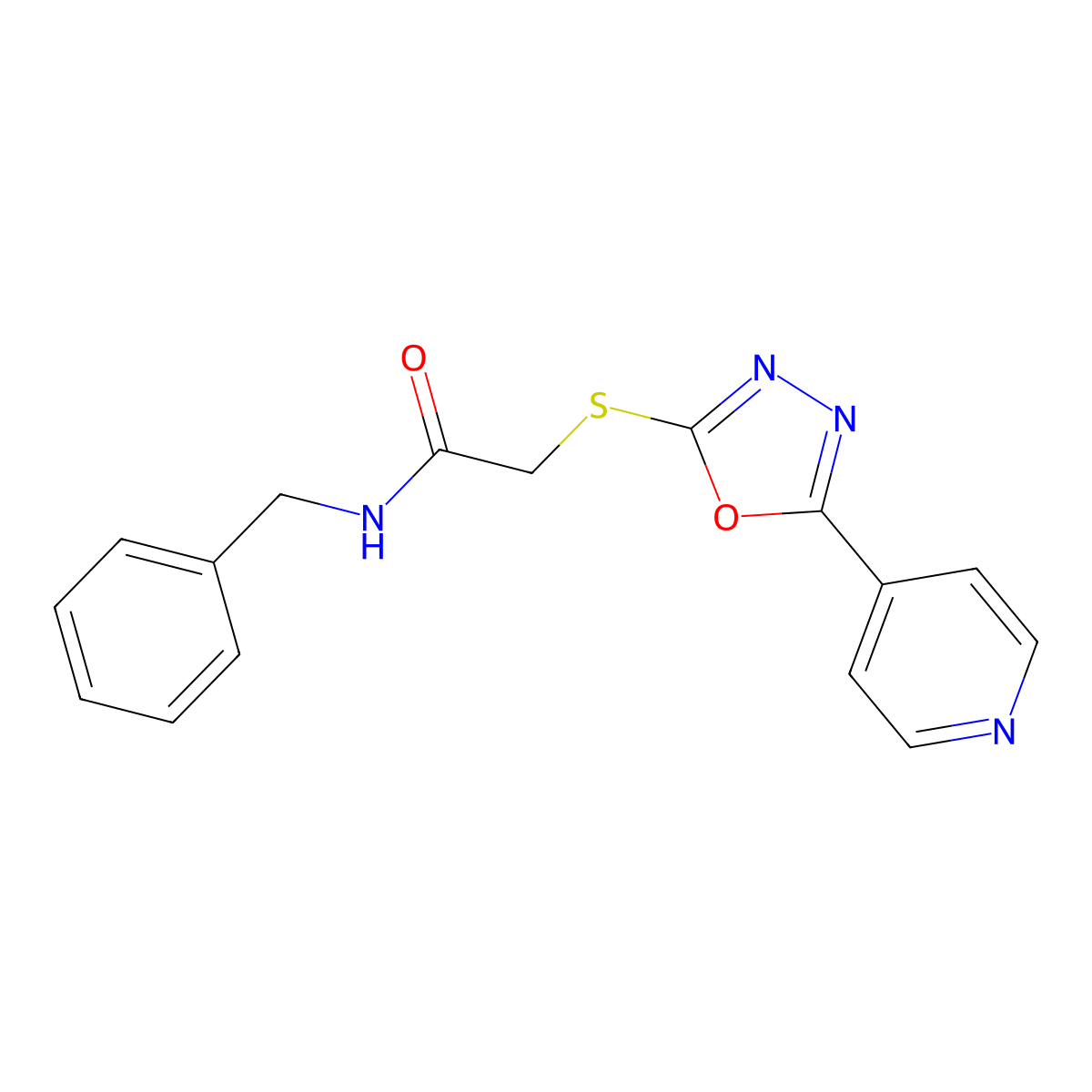 N-benzyl-2-((5-(pyridin-4-yl)-1,3,4-oxadiazol-2-yl)thio)acetamide molecular structure, CAS 496029-02-8