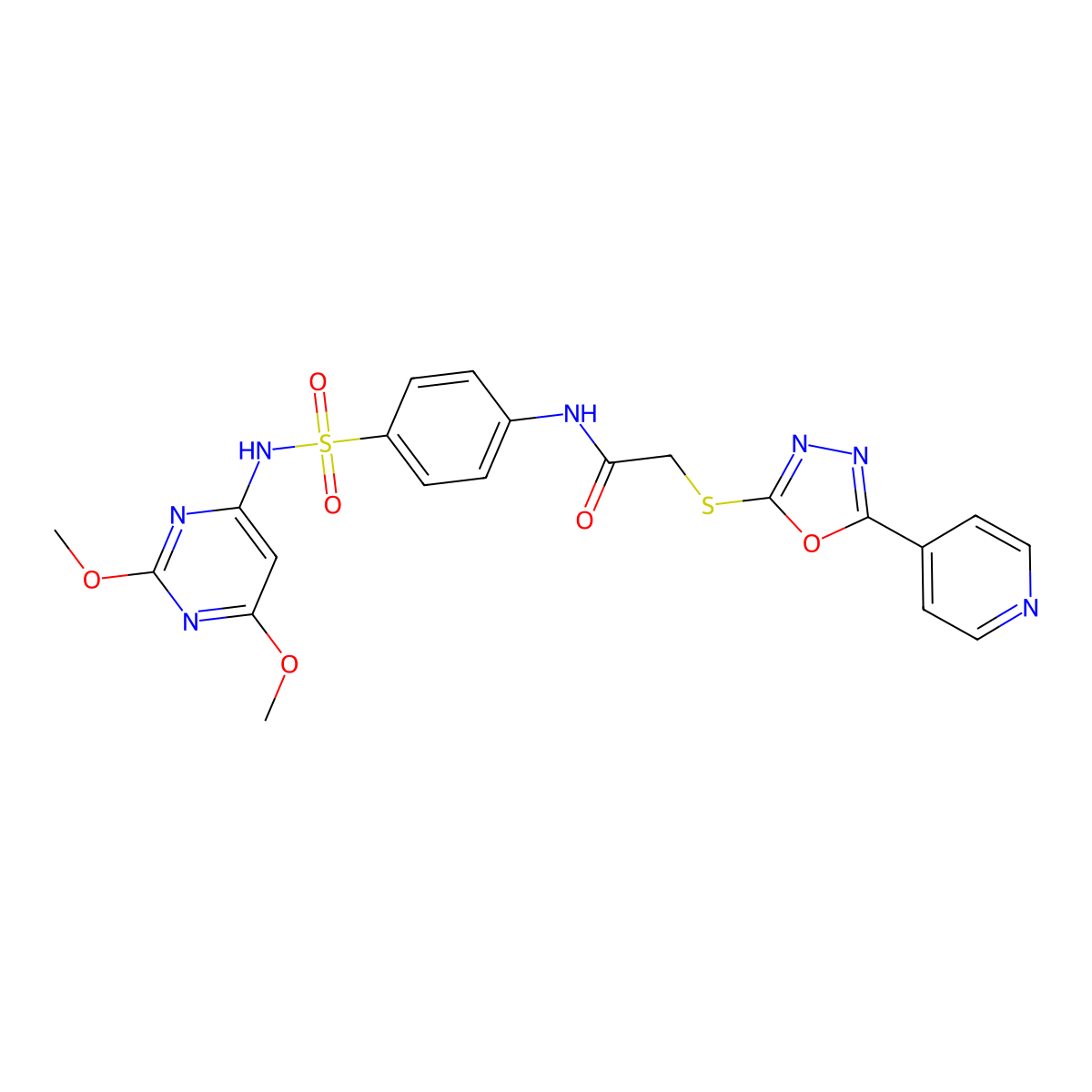 N-(4-(N-(2,6-dimethoxypyrimidin-4-yl)sulfamoyl)phenyl)-2-((5-(pyridin-4-yl)-1,3,4-oxadiazol-2-yl)thio)acetamide molecular structure, CAS 496029-03-9