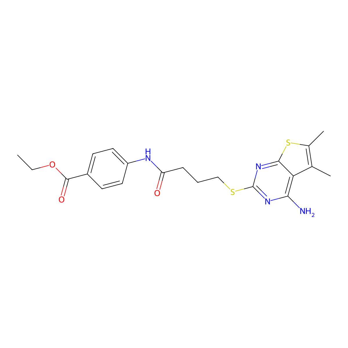 Ethyl 4-[4-(4-amino-5,6-dimethylthiopheno[2,3-d]pyrimidin-2-ylthio)butanoylami no]benzoate molecular structure, CAS 496029-07-3