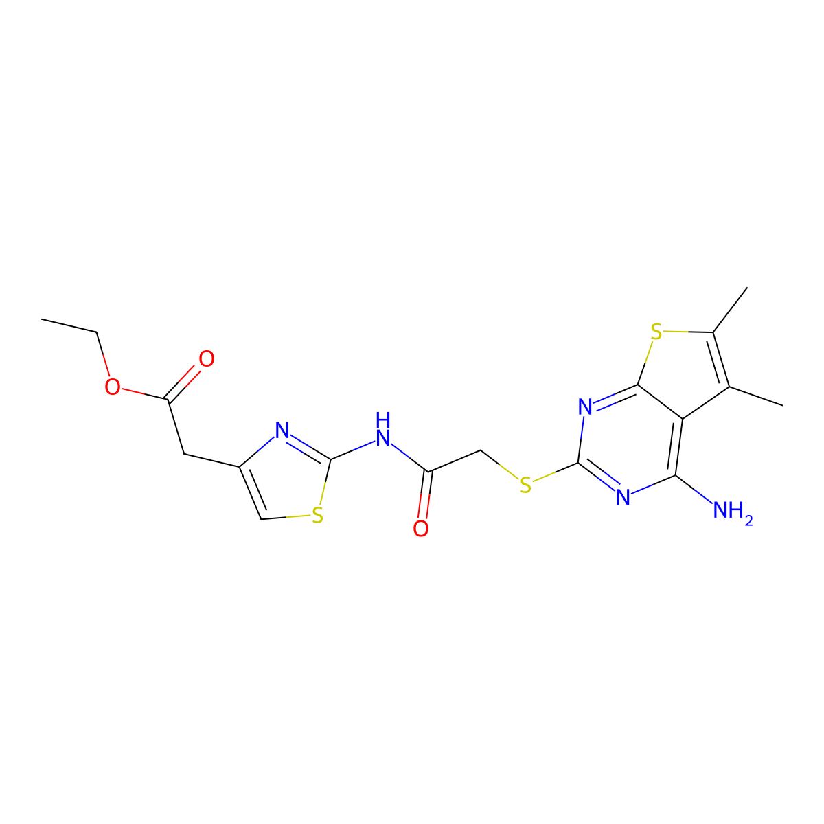 Ethyl [2-({[(4-amino-5,6-dimethylthieno[2,3-d]pyrimidin-2-yl)thio]acetyl}amino)-1,3-thiazol-4-yl]acetate molecular structure, CAS 496029-15-3