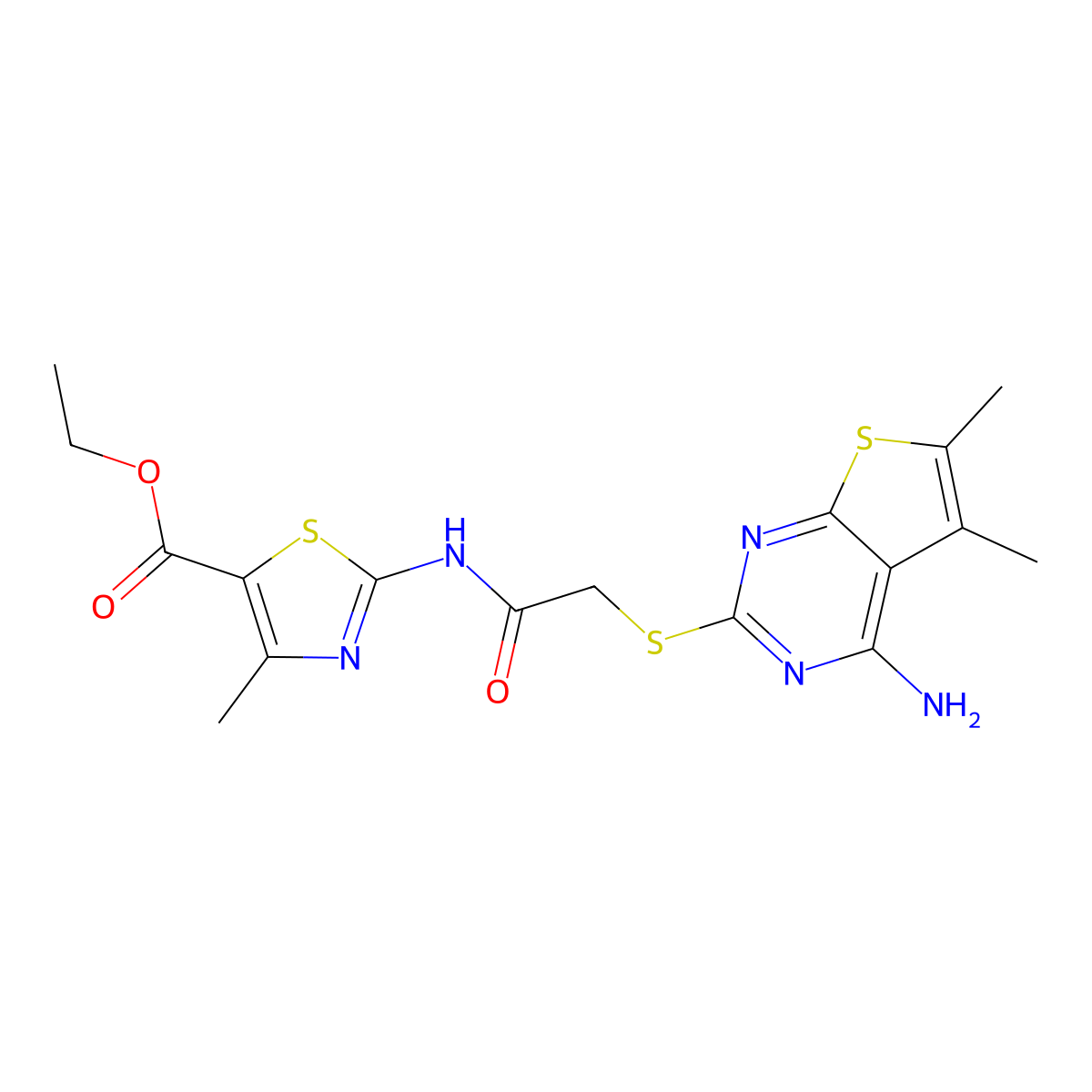 Ethyl 2-(2-((4-amino-5,6-dimethylthieno[2,3-d]pyrimidin-2-yl)thio)acetamido)-4-methylthiazole-5-carboxylate molecular structure, CAS 496029-16-4