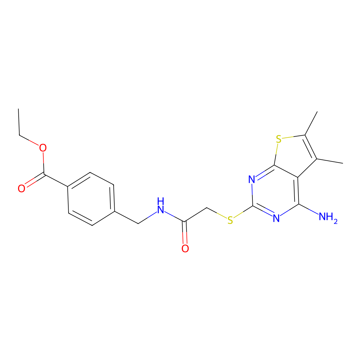 Ethyl 4-[({[(4-amino-5,6-dimethylthieno[2,3-d]pyrimidin-2-yl)sulfanyl]acetyl}amino)methyl]benzoate molecular structure, CAS 496029-17-5