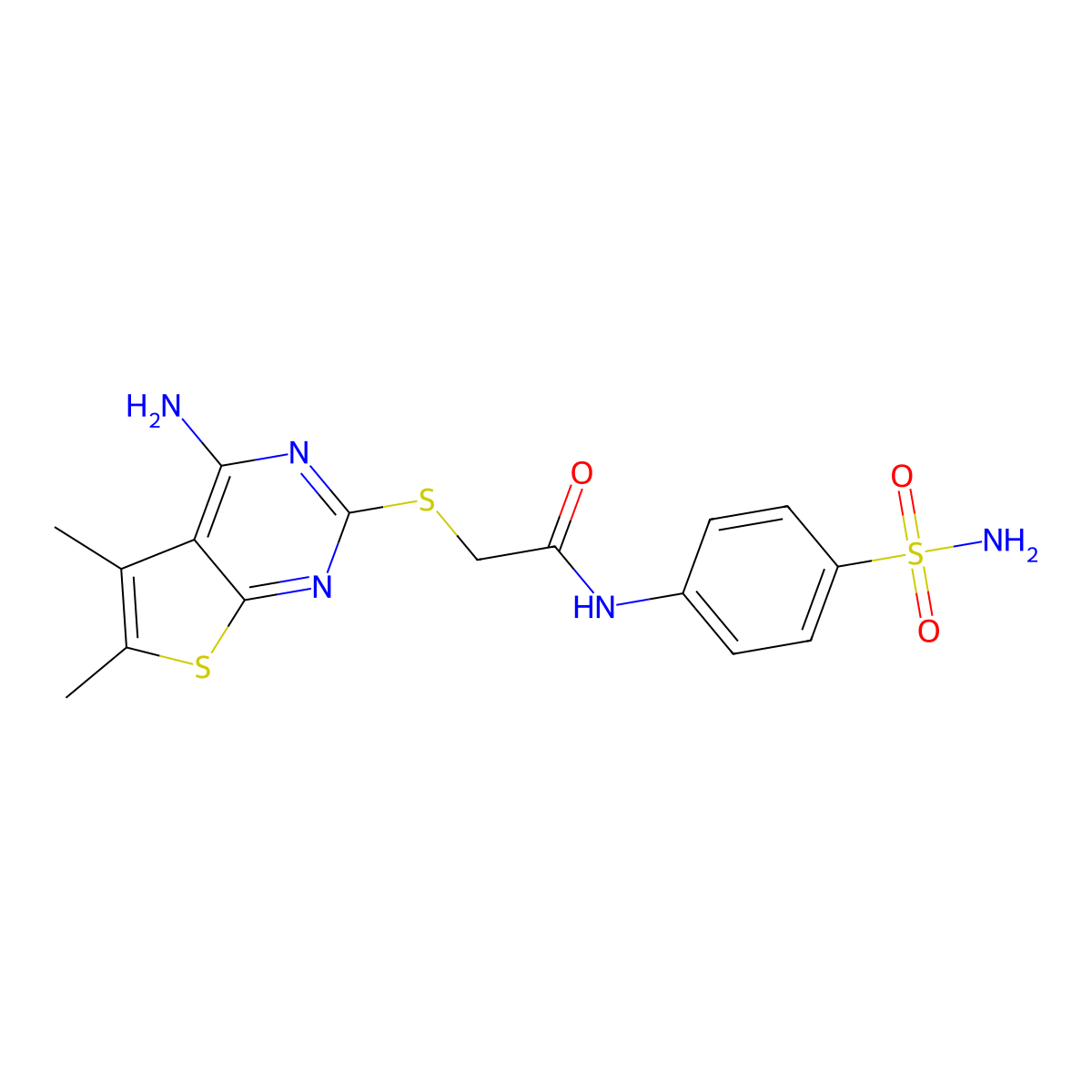 2-((4-amino-5,6-dimethylthieno[2,3-d]pyrimidin-2-yl)thio)-N-(4-sulfamoylphenyl)acetamide molecular structure, CAS 496029-23-3