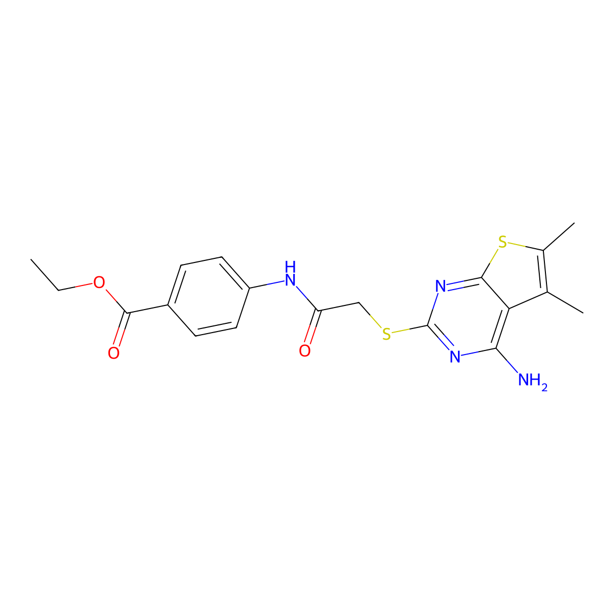 Ethyl 4-({[(4-amino-5,6-dimethylthieno[2,3-d]pyrimidin-2-yl)sulfanyl]acetyl}amino)benzoate molecular structure, CAS 496029-24-4