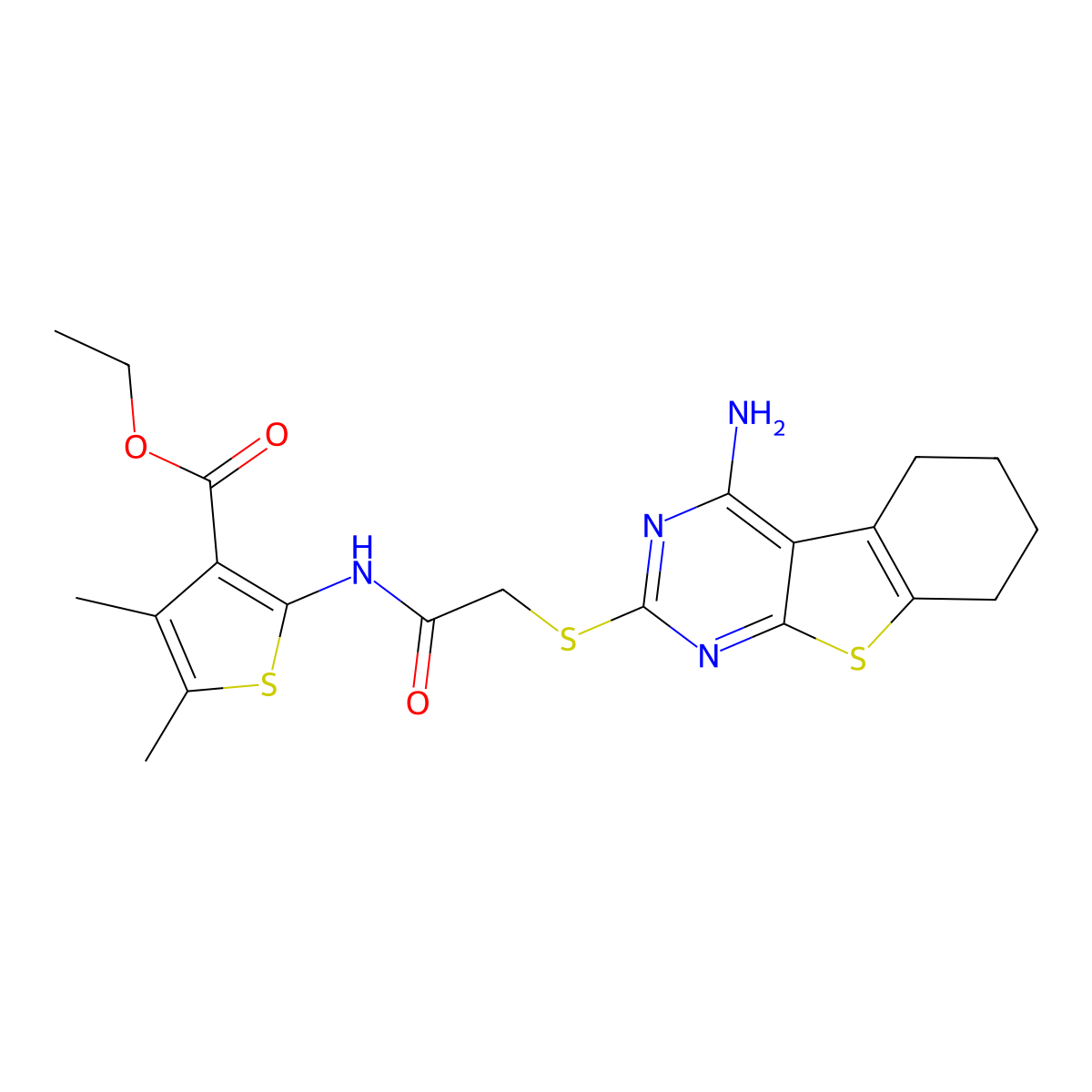 Ethyl 2-({[(4-amino-5,6,7,8-tetrahydro[1]benzothieno[2,3-d]pyrimidin-2-yl)sulfanyl]acetyl}amino)-4,5-dimethylthiophene-3-carboxylate molecular structure, CAS 496029-25-5