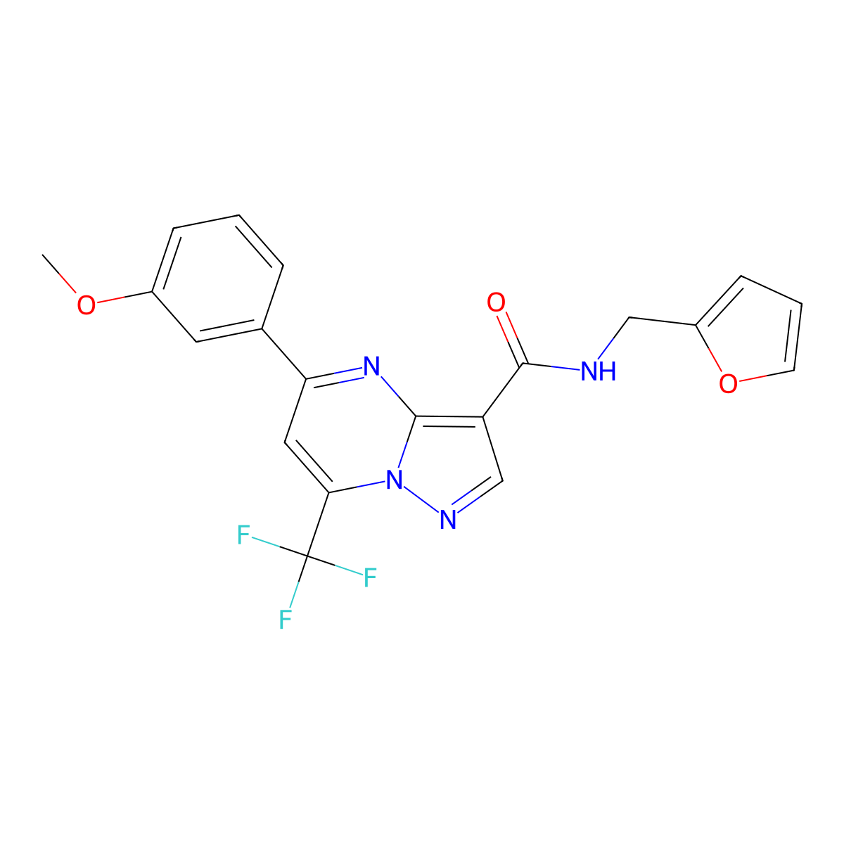 N-(furan-2-ylmethyl)-5-(3-methoxyphenyl)-7-(trifluoromethyl)pyrazolo[1,5-a]pyrimidine-3-carboxamide molecular structure, CAS 496031-81-3
