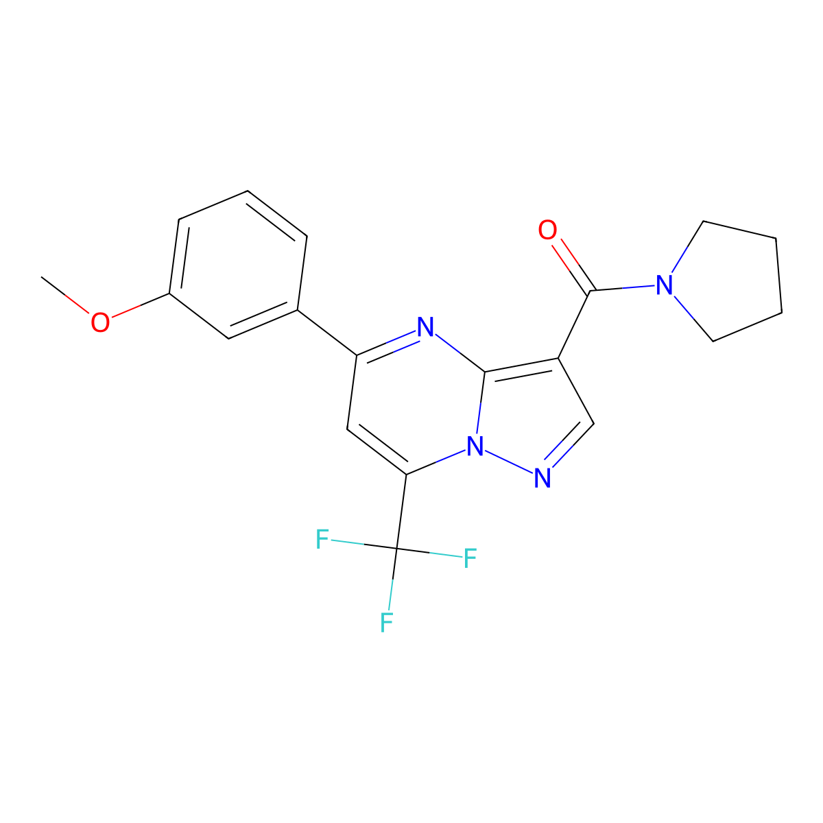 [5-(3-Methoxyphenyl)-7-(trifluoromethyl)pyrazolo[1,5-a]pyrimidin-3-yl]-pyrrolidin-1-ylmethanone molecular structure, CAS 496031-94-8