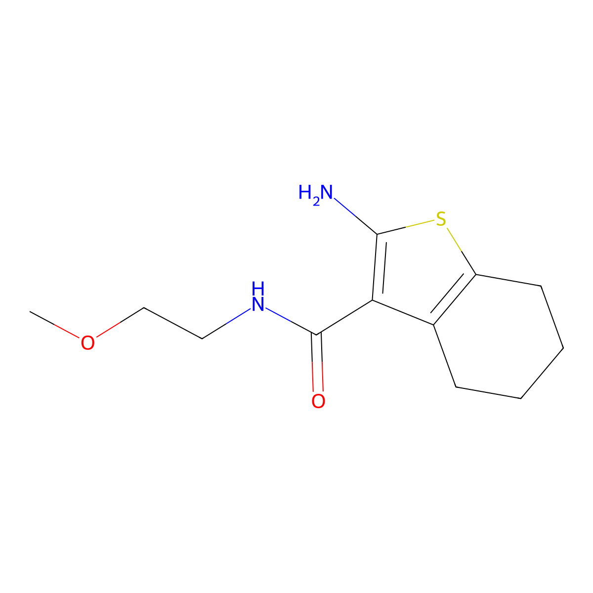 2-amino-N-(2-methoxyethyl)-4,5,6,7-tetrahydro-1-benzothiophene-3-carboxamide molecular structure, CAS 496033-70-6