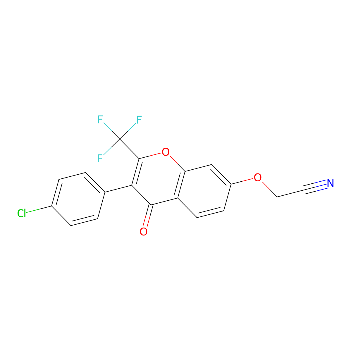 2-((3-(4-chlorophenyl)-4-oxo-2-(trifluoromethyl)-4H-chromen-7-yl)oxy)acetonitrile molecular structure, CAS 496037-21-9
