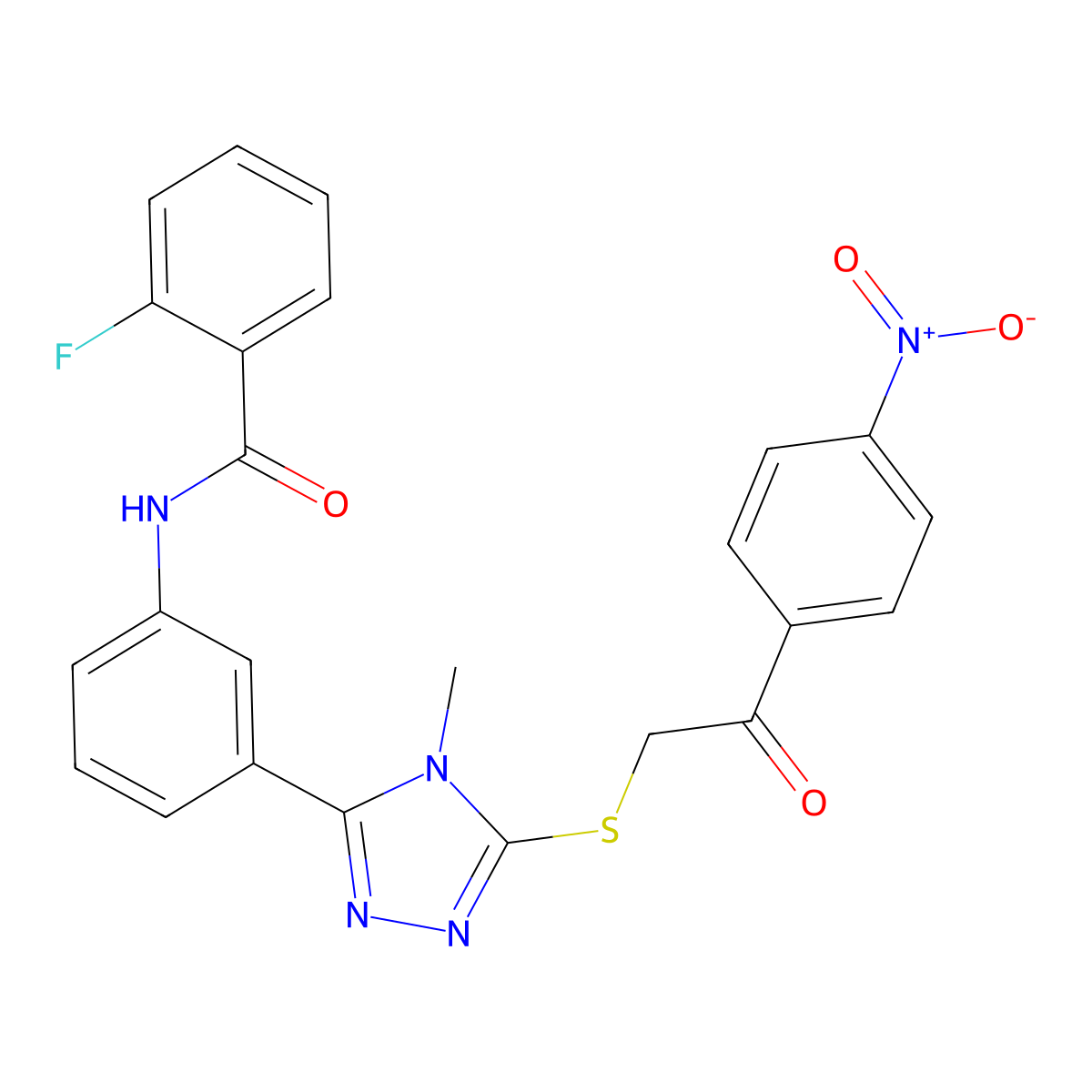 2-fluoro-N-[3-[4-methyl-5-[2-(4-nitrophenyl)-2-oxoethyl]sulfanyl-1,2,4-triazol-3-yl]phenyl]benzamide molecular structure, CAS 496053-91-9