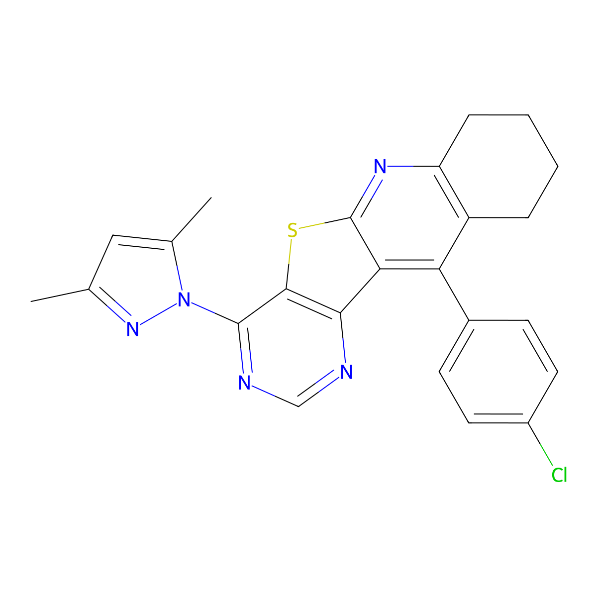 11-(4-chlorophenyl)-4-(3,5-dimethyl-1H-pyrazol-1-yl)-7,8,9,10-tetrahydropyrimido[4',5':4,5]thieno[2,3-b]quinoline molecular structure, CAS 496054-44-5