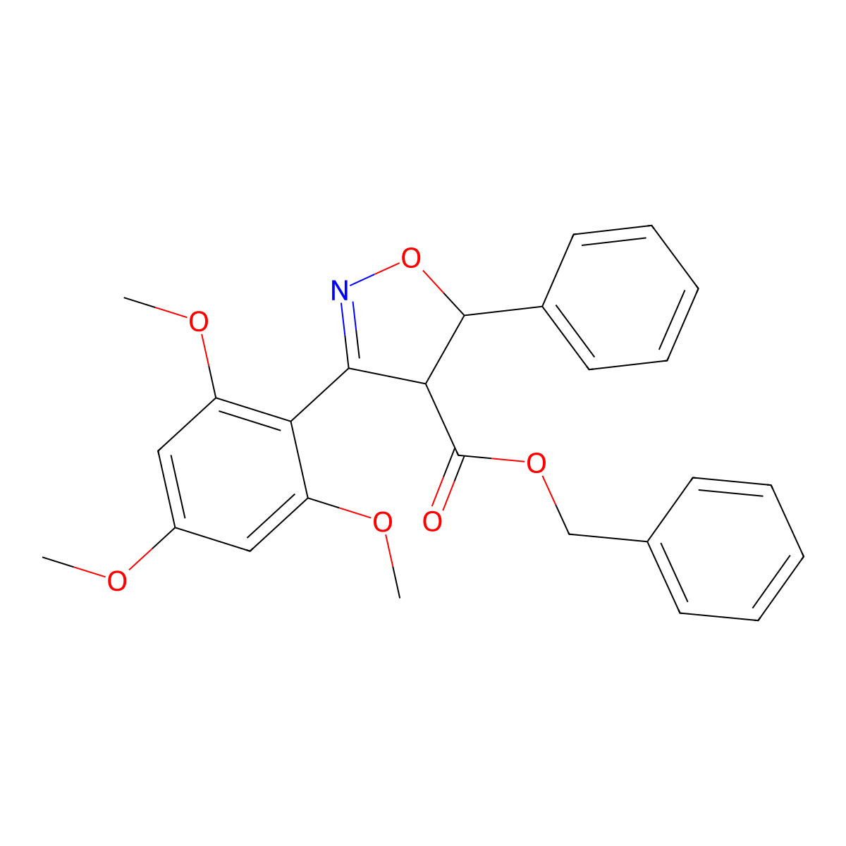 Benzyl 5-phenyl-3-(2,4,6-trimethoxyphenyl)-4,5-dihydro-4-isoxazolecarboxylate molecular structure, CAS 496054-80-9