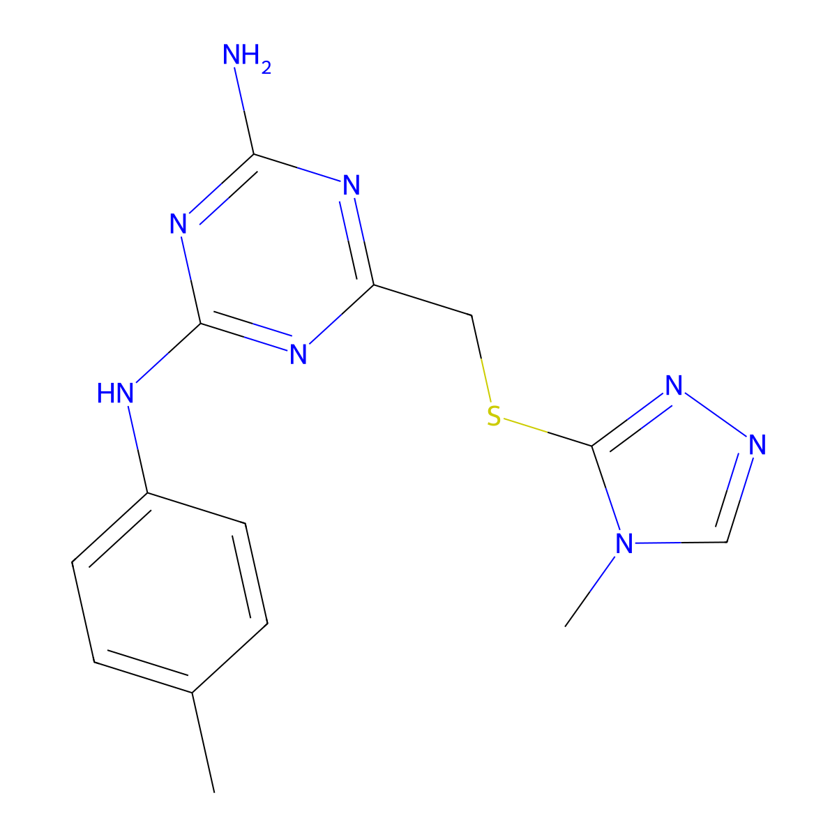 6-(4-Methyl-4H-[1,2,4]triazol-3-ylsulfanylmethyl)-N-p-tolyl-[1,3,5]triazine-2,4-diamine molecular structure, CAS 496771-26-7