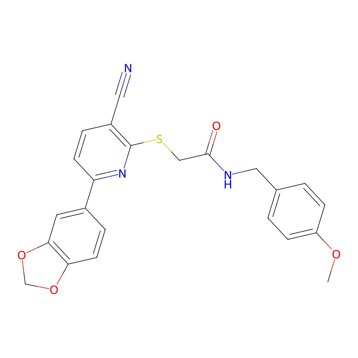 2-[6-(1,3-benzodioxol-5-yl)-3-cyanopyridin-2-yl]sulfanyl-N-[(4-methoxyphenyl)methyl]acetamide molecular structure, CAS 496771-40-5