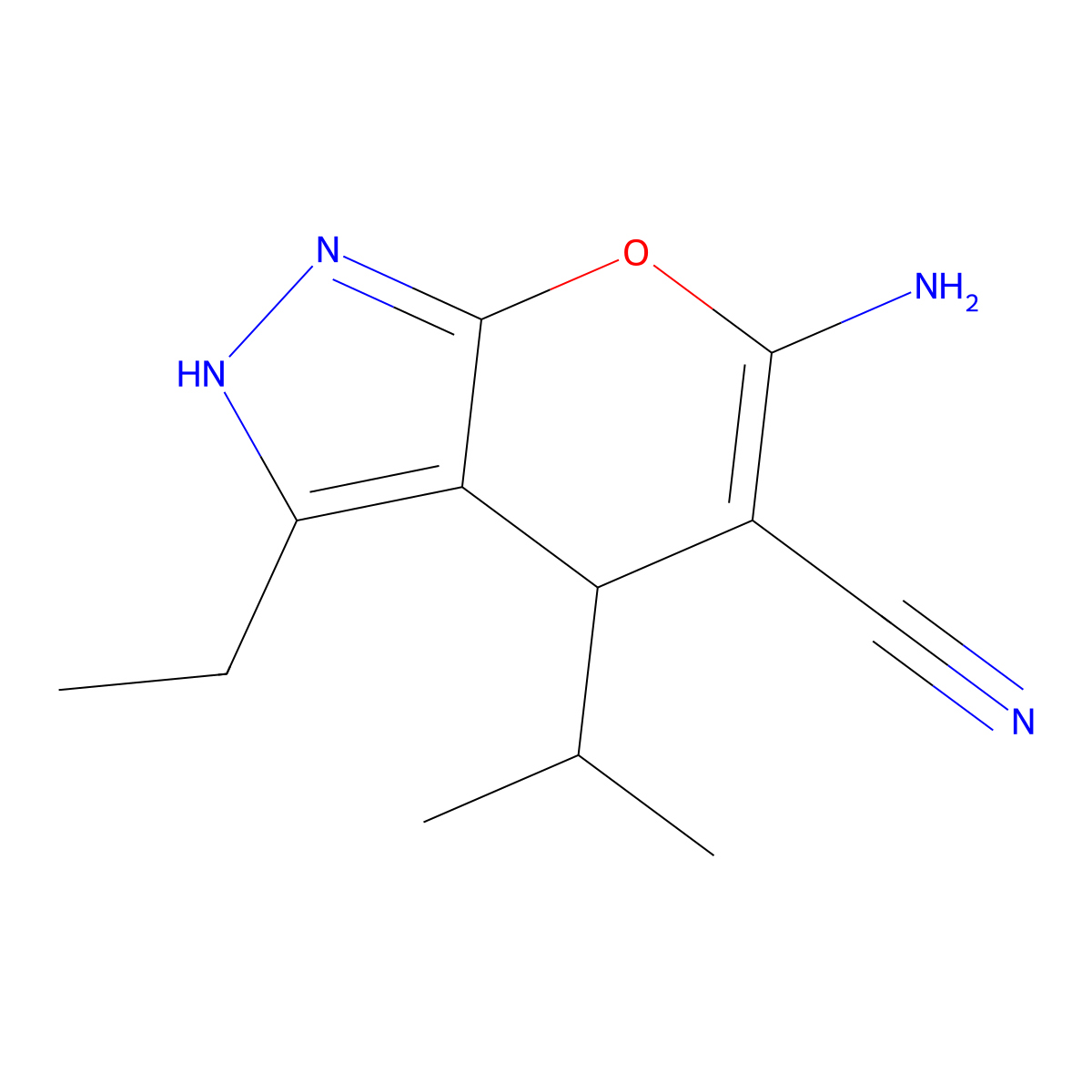 6-Amino-3-ethyl-4-isopropyl-2,4-dihydro-pyrano[2,3-c]pyrazole-5-carbonitrile molecular structure, CAS 496771-70-1