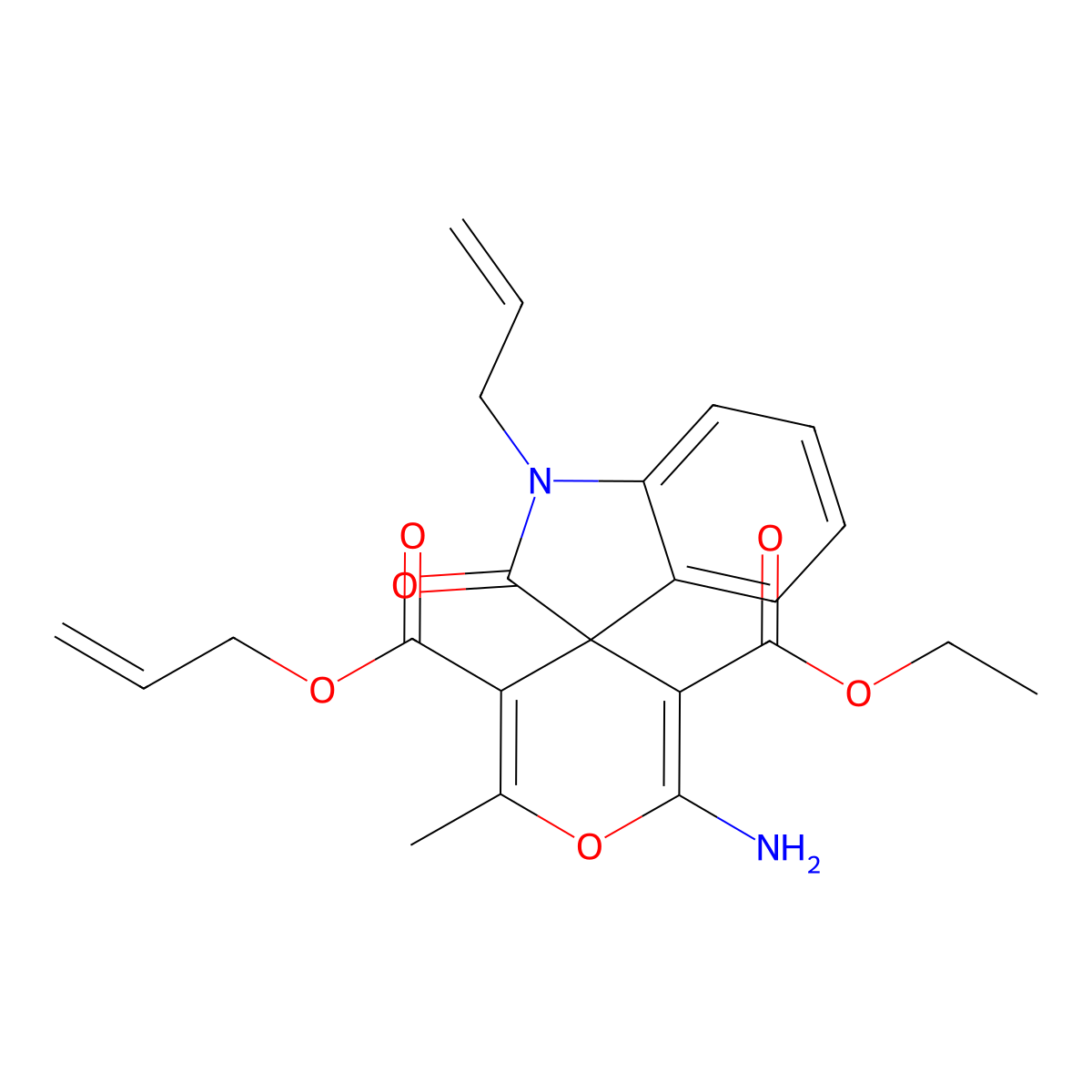 3-O'-ethyl 5-O'-prop-2-enyl 2'-amino-6'-methyl-2-oxo-1-prop-2-enylspiro[indole-3,4'-pyran]-3',5'-dicarboxylate molecular structure, CAS 496772-10-2