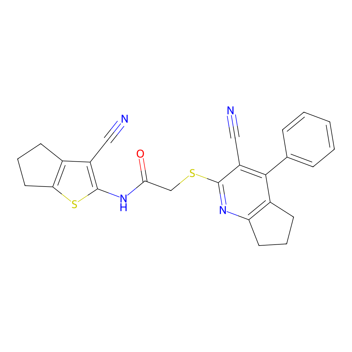 N-(3-cyano-5,6-dihydro-4H-cyclopenta[b]thiophen-2-yl)-2-[(3-cyano-4-phenyl-6,7-dihydro-5H-cyclopenta[b]pyridin-2-yl)sulfanyl]acetamide molecular structure, CAS 496772-90-8