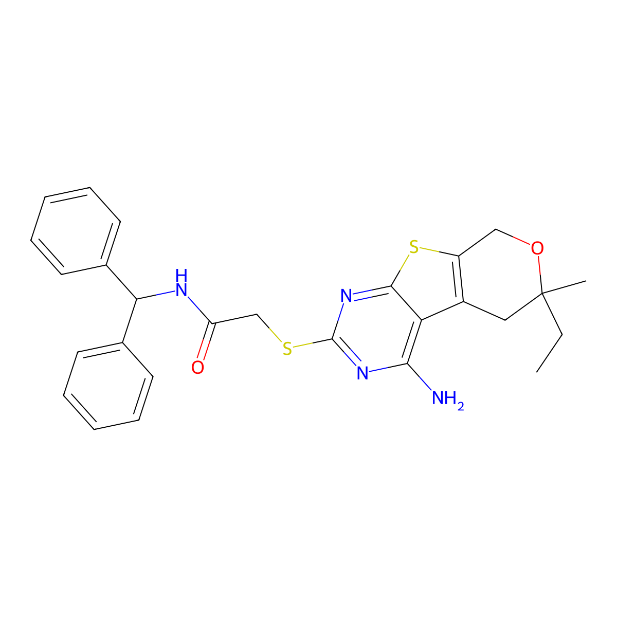 2-[(4-amino-6-ethyl-6-methyl-5,8-dihydropyrano[4,5]thieno[1,2-c]pyrimidin-2-yl)sulfanyl]-N-benzhydrylacetamide molecular structure, CAS 496773-20-7