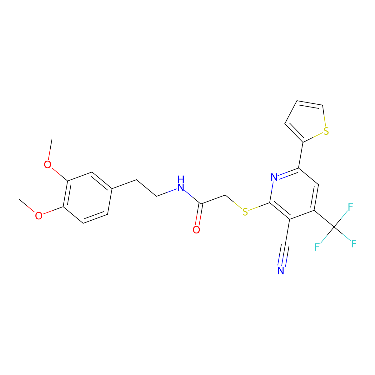 2-{[3-cyano-6-(thiophen-2-yl)-4-(trifluoromethyl)pyridin-2-yl]sulfanyl}-N-[2-(3,4-dimethoxyphenyl)ethyl]acetamide molecular structure, CAS 496773-54-7