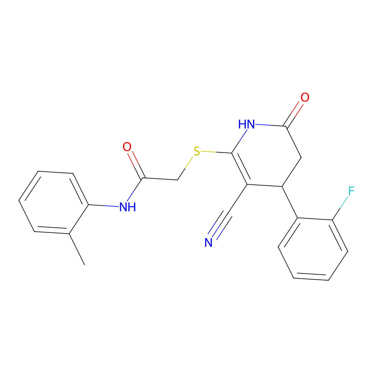 2-[[5-cyano-4-(2-fluorophenyl)-2-oxo-3,4-dihydro-1H-pyridin-6-yl]sulfanyl]-N-(2-methylphenyl)acetamide molecular structure, CAS 496773-67-2