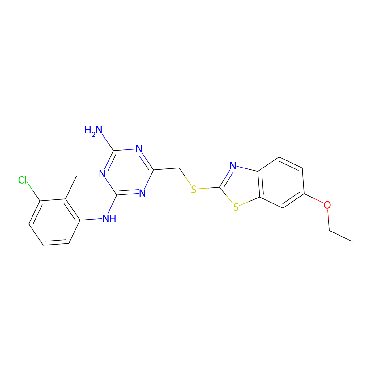 N-(3-chloro-2-methylphenyl)-6-{[(6-ethoxy-1,3-benzothiazol-2-yl)sulfanyl]methyl}-1,3,5-triazine-2,4-diamine molecular structure, CAS 496773-69-4