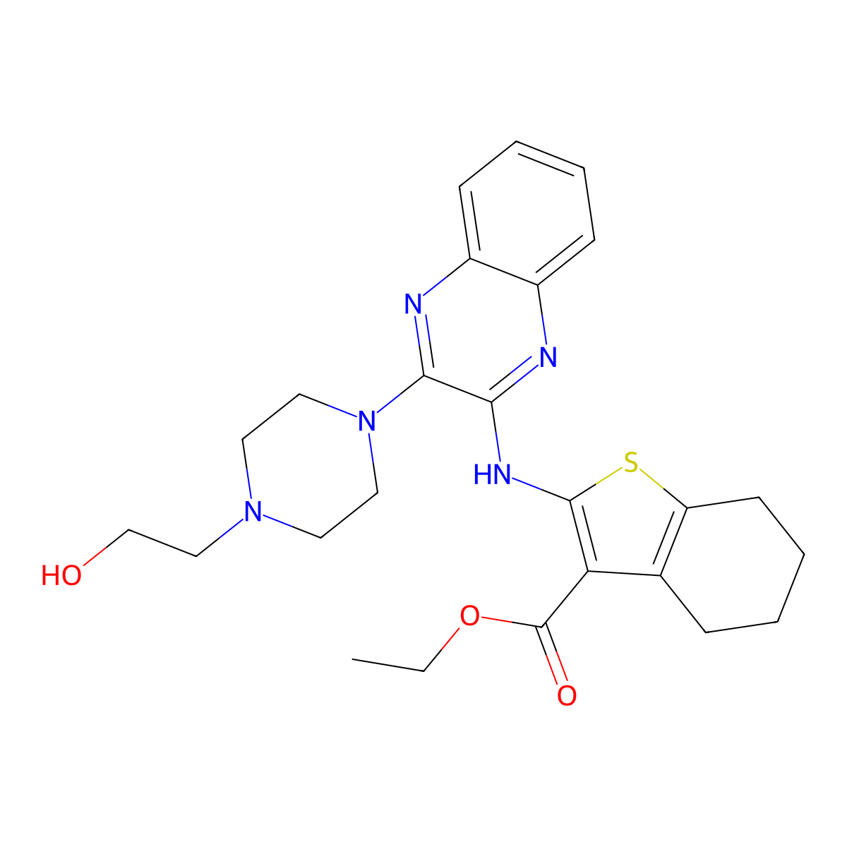 Ethyl 2-({3-[4-(2-hydroxyethyl)piperazin-1-yl]quinoxalin-2-yl}amino)-4,5,6,7-tetrahydro-1-benzothiophene-3-carboxylate molecular structure, CAS 496773-86-5