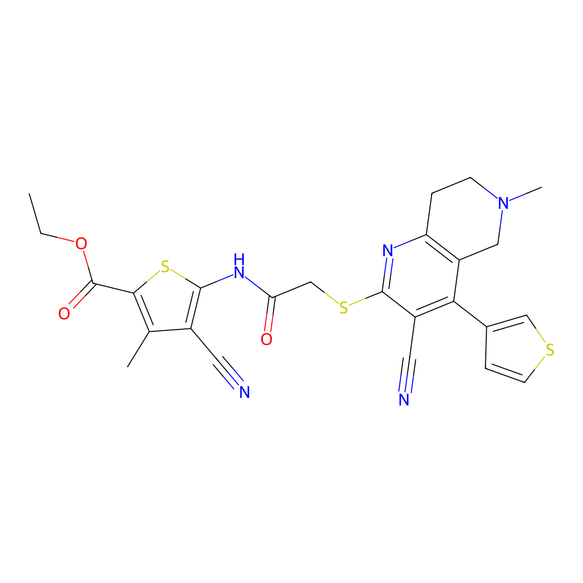 ethyl 4-cyano-5-[[2-[(3-cyano-6-methyl-4-thiophen-3-yl-7,8-dihydro-5H-1,6-naphthyridin-2-yl)sulfanyl]acetyl]amino]-3-methylthiophene-2-carboxylate molecular structure, CAS 496774-04-0