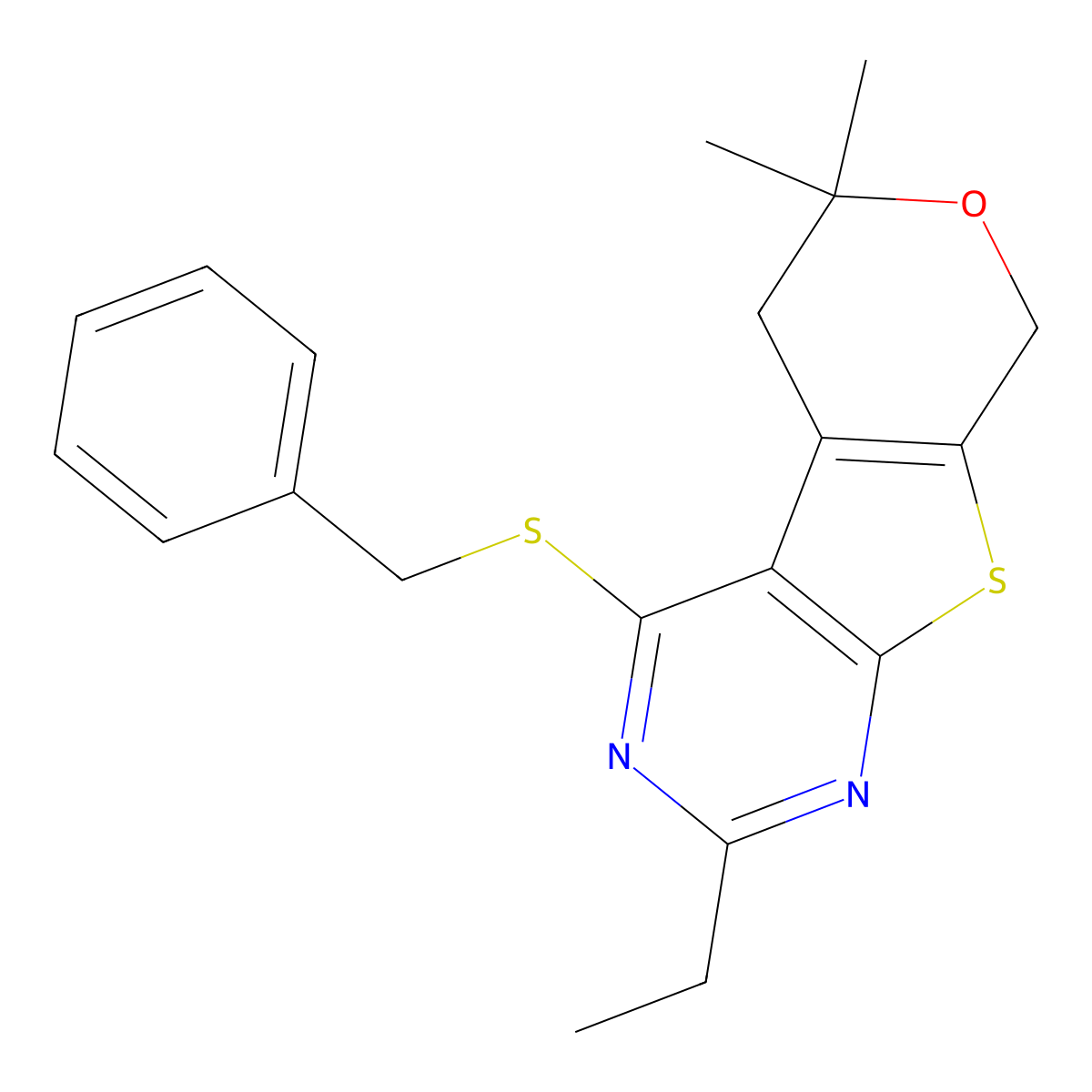 4-(benzylsulfanyl)-2-ethyl-6,6-dimethyl-5,8-dihydro-6H-pyrano[4',3':4,5]thieno[2,3-d]pyrimidine molecular structure, CAS 496774-07-3