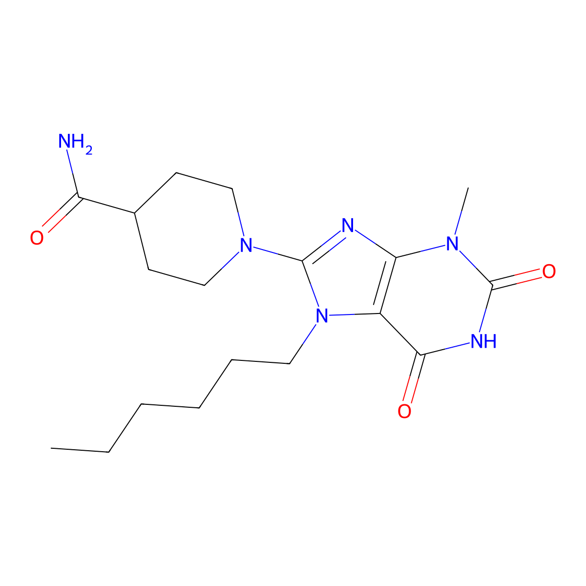 1-(7-hexyl-3-methyl-2,6-dioxo-2,3,6,7-tetrahydro-1H-purin-8-yl)piperidine-4-carboxamide molecular structure, CAS 496774-20-0