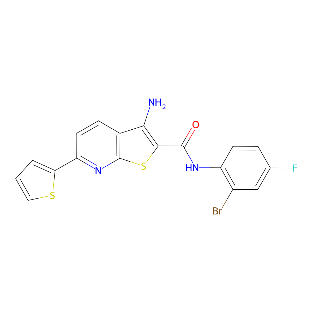 3-amino-N-(2-bromo-4-fluorophenyl)-6-thiophen-2-ylthieno[2,3-b]pyridine-2-carboxamide molecular structure, CAS 496774-22-2