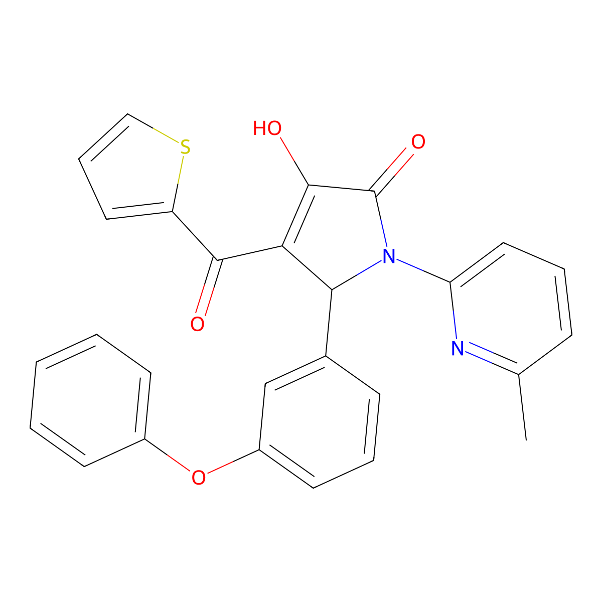 (E)-[1-(6-methylpyridinium-2-yl)-4,5-dioxo-2-(3-phenoxyphenyl)pyrrolidin-3-ylidene](thiophen-2-yl)methanolate molecular structure, CAS 496774-33-5