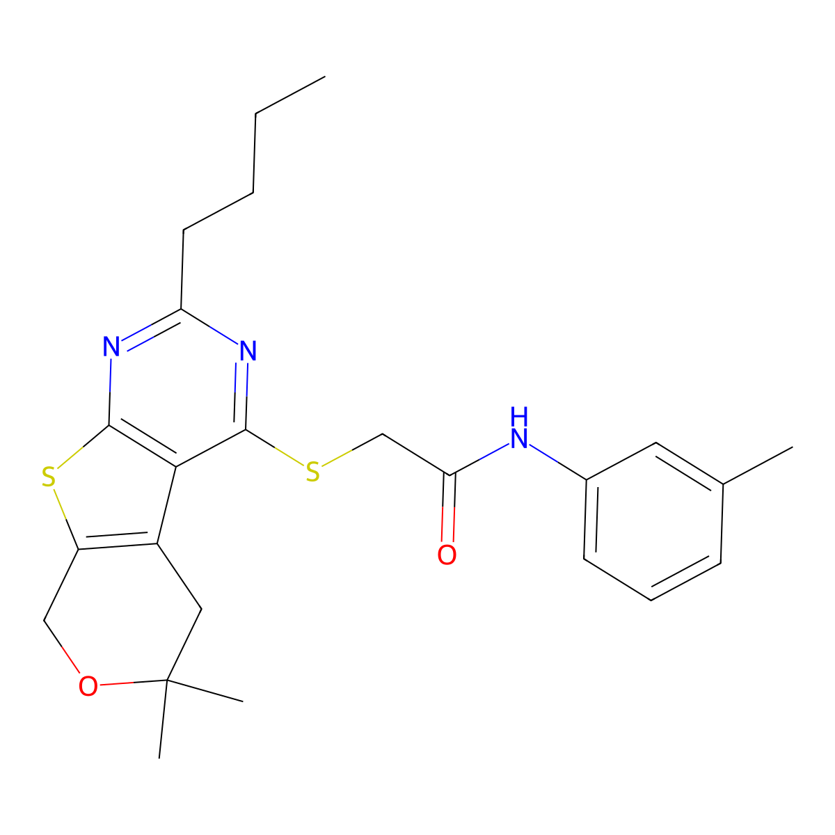 2-[(2-butyl-6,6-dimethyl-5,8-dihydropyrano[2,3]thieno[2,4-d]pyrimidin-4-yl)sulfanyl]-N-(3-methylphenyl)acetamide molecular structure, CAS 496774-55-1
