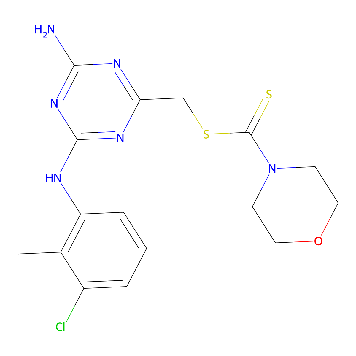 {4-Amino-6-[(3-chloro-2-methylphenyl)amino]-1,3,5-triazin-2-yl}methyl morpholine-4-carbodithioate molecular structure, CAS 496775-05-4