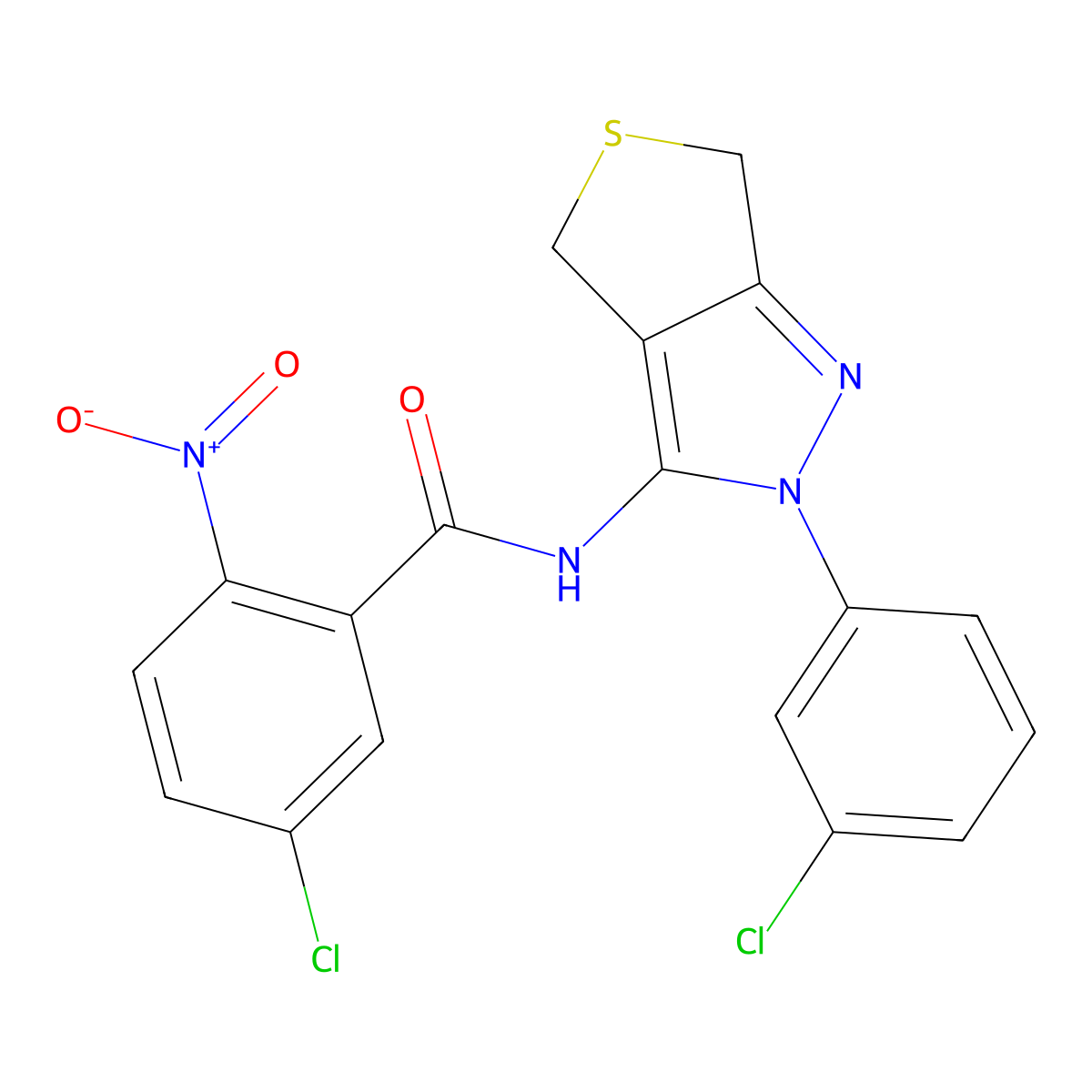 5-chloro-N-[2-(3-chlorophenyl)-4,6-dihydrothieno[3,4-c]pyrazol-3-yl]-2-nitrobenzamide molecular structure, CAS 496775-54-3