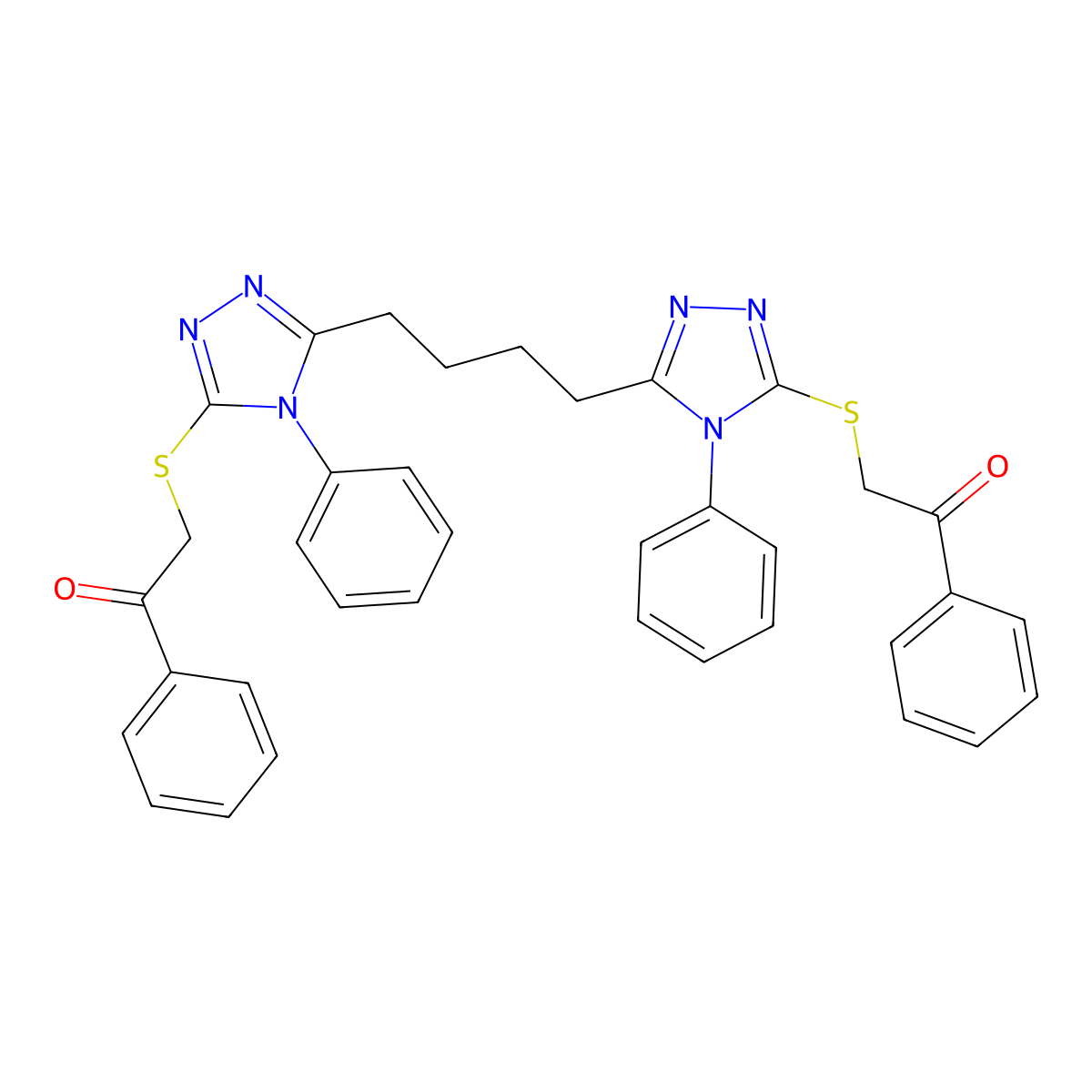 2-[[5-[4-(5-Phenacylsulfanyl-4-phenyl-1,2,4-triazol-3-yl)butyl]-4-phenyl-1,2,4-triazol-3-yl]sulfanyl]-1-phenylethanone molecular structure, CAS 496775-73-6