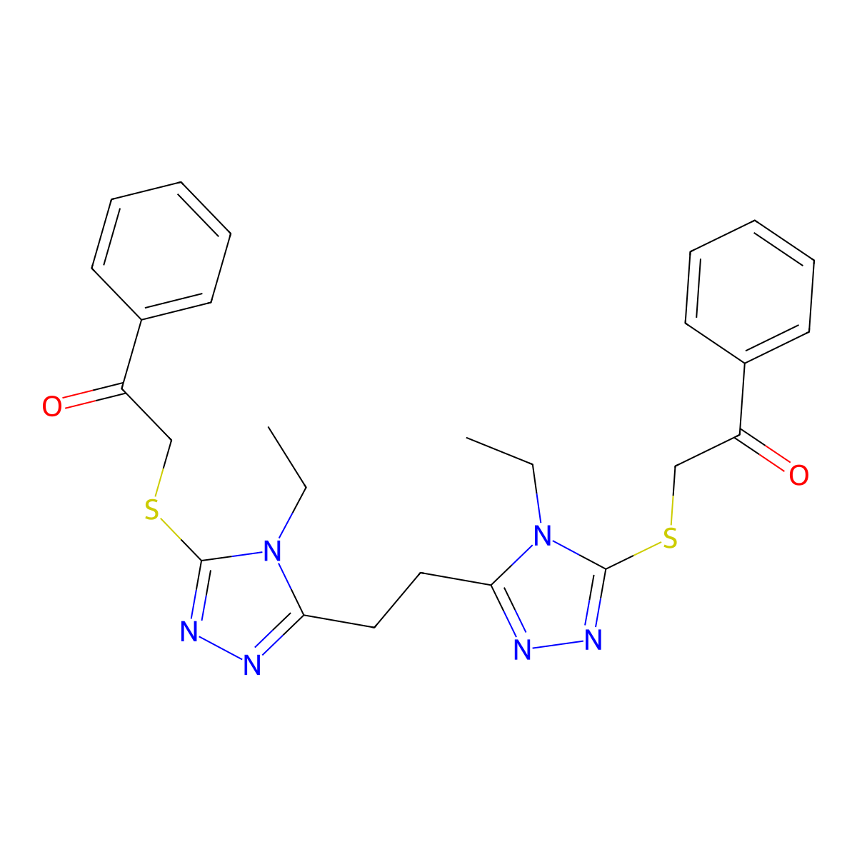 2-[[4-Ethyl-5-[2-(4-ethyl-5-phenacylsulfanyl-1,2,4-triazol-3-yl)ethyl]-1,2,4-triazol-3-yl]sulfanyl]-1-phenylethanone molecular structure, CAS 496775-75-8