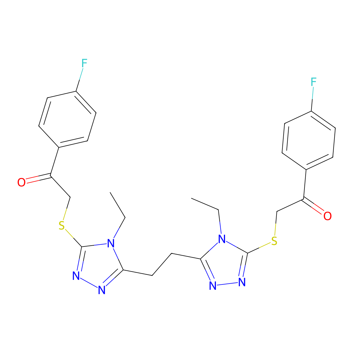 2-[[4-Ethyl-5-[2-[4-ethyl-5-[2-(4-fluorophenyl)-2-oxoethyl]sulfanyl-1,2,4-triazol-3-yl]ethyl]-1,2,4-triazol-3-yl]sulfanyl]-1-(4-fluorophenyl)ethanone molecular structure, CAS 496775-91-8