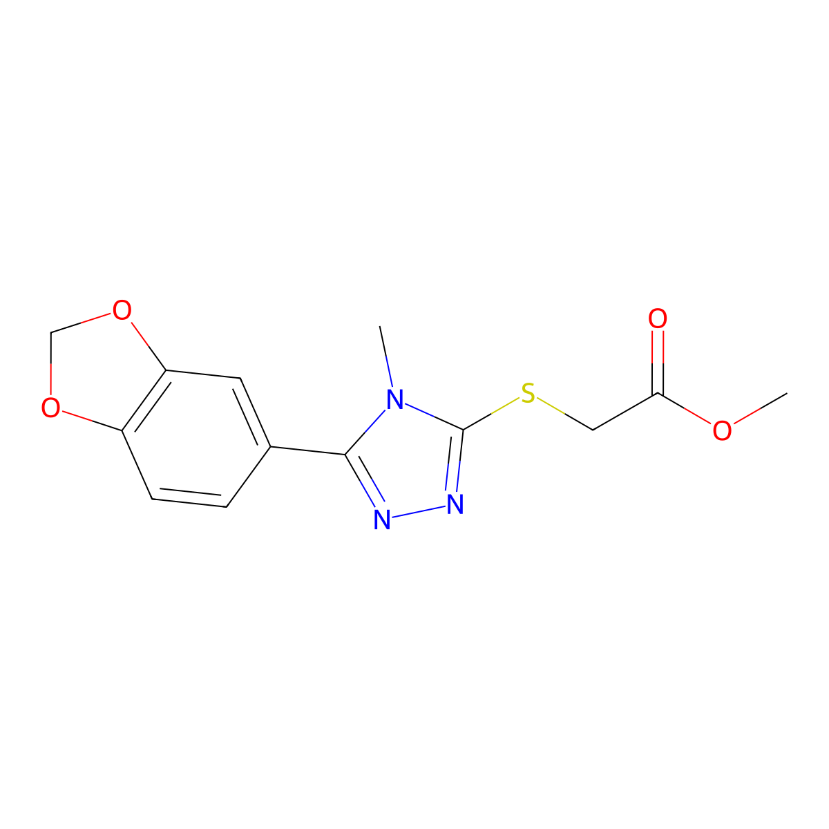 methyl 2-((5-(benzo[d][1,3]dioxol-5-yl)-4-methyl-4H-1,2,4-triazol-3-yl)thio)acetate molecular structure, CAS 496776-13-7