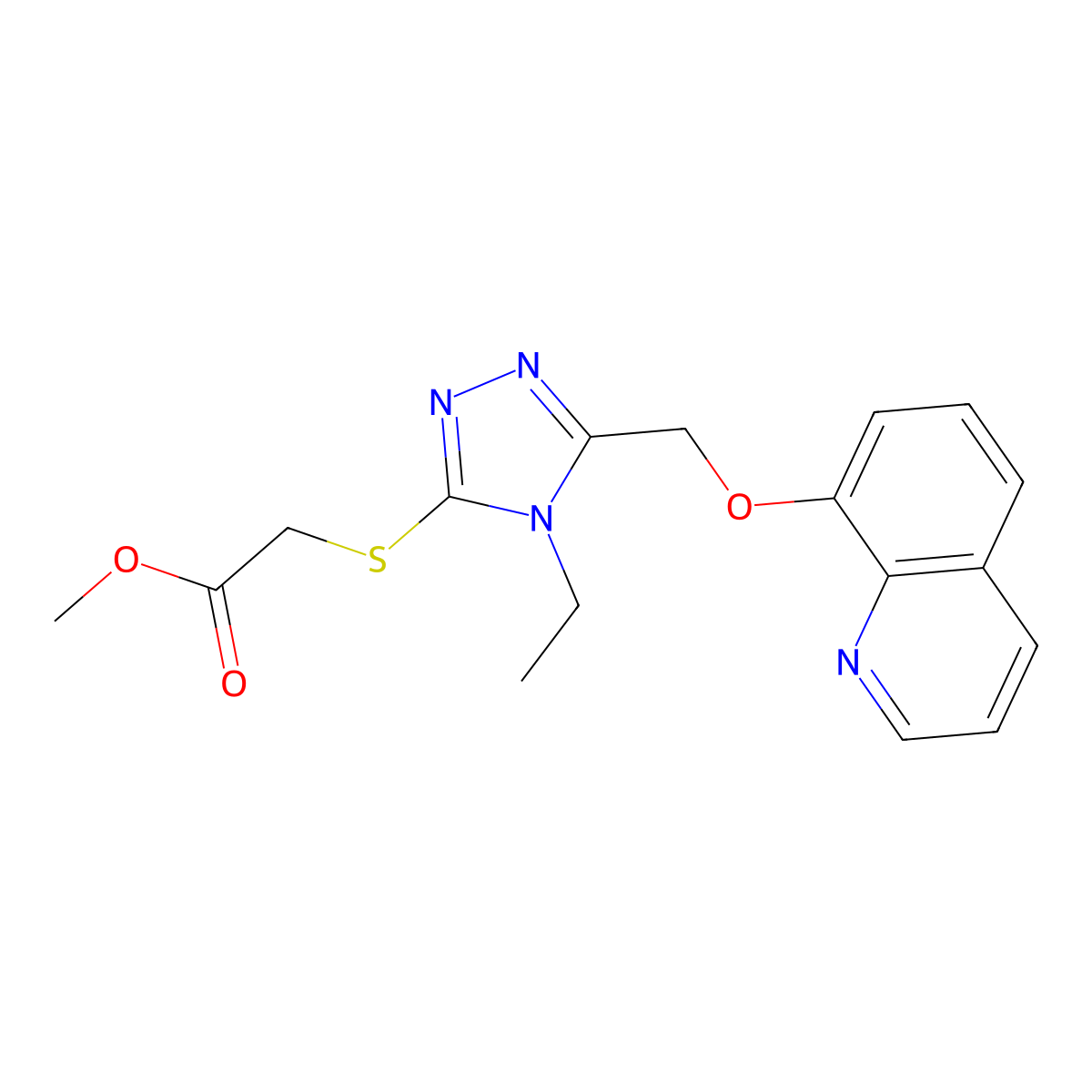 methyl 2-((4-ethyl-5-((quinolin-8-yloxy)methyl)-4H-1,2,4-triazol-3-yl)thio)acetate molecular structure, CAS 496776-18-2