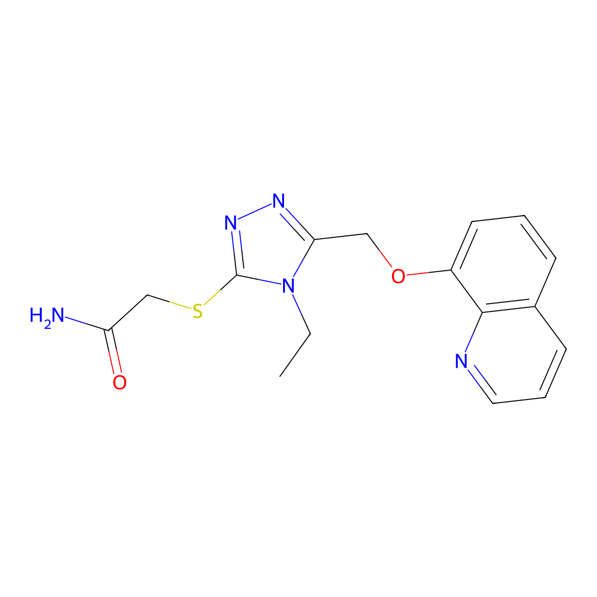 2-((4-ethyl-5-((quinolin-8-yloxy)methyl)-4H-1,2,4-triazol-3-yl)thio)acetamide molecular structure, CAS 496776-55-7