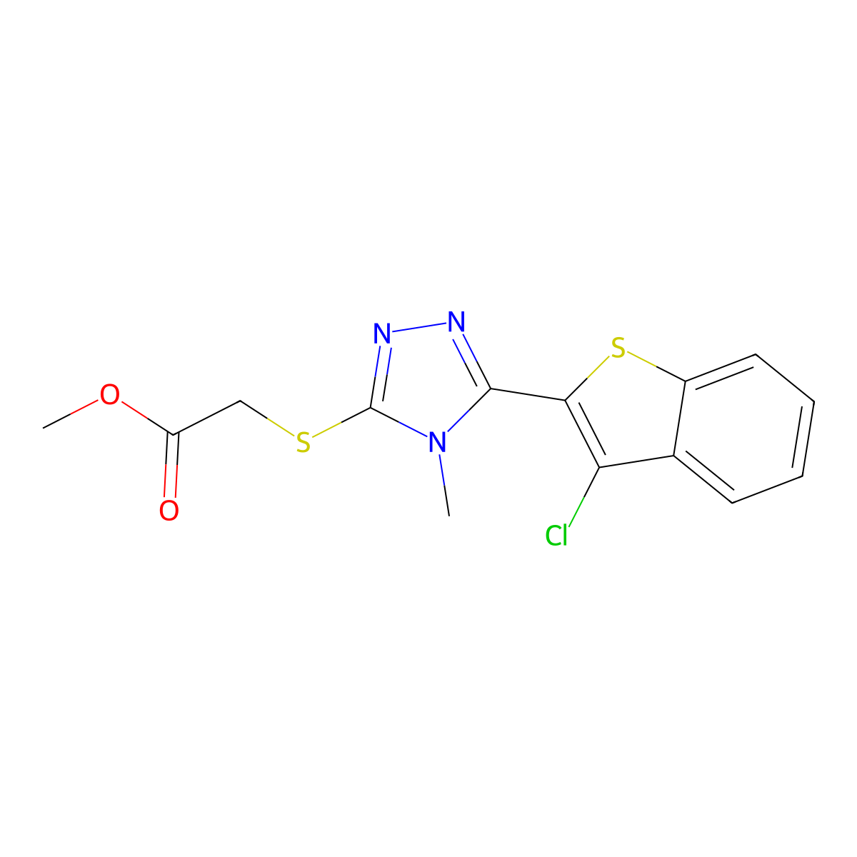 Methyl 2-[[5-(3-chloro-1-benzothiophen-2-yl)-4-methyl-1,2,4-triazol-3-yl]sulfanyl]acetate molecular structure, CAS 496776-60-4