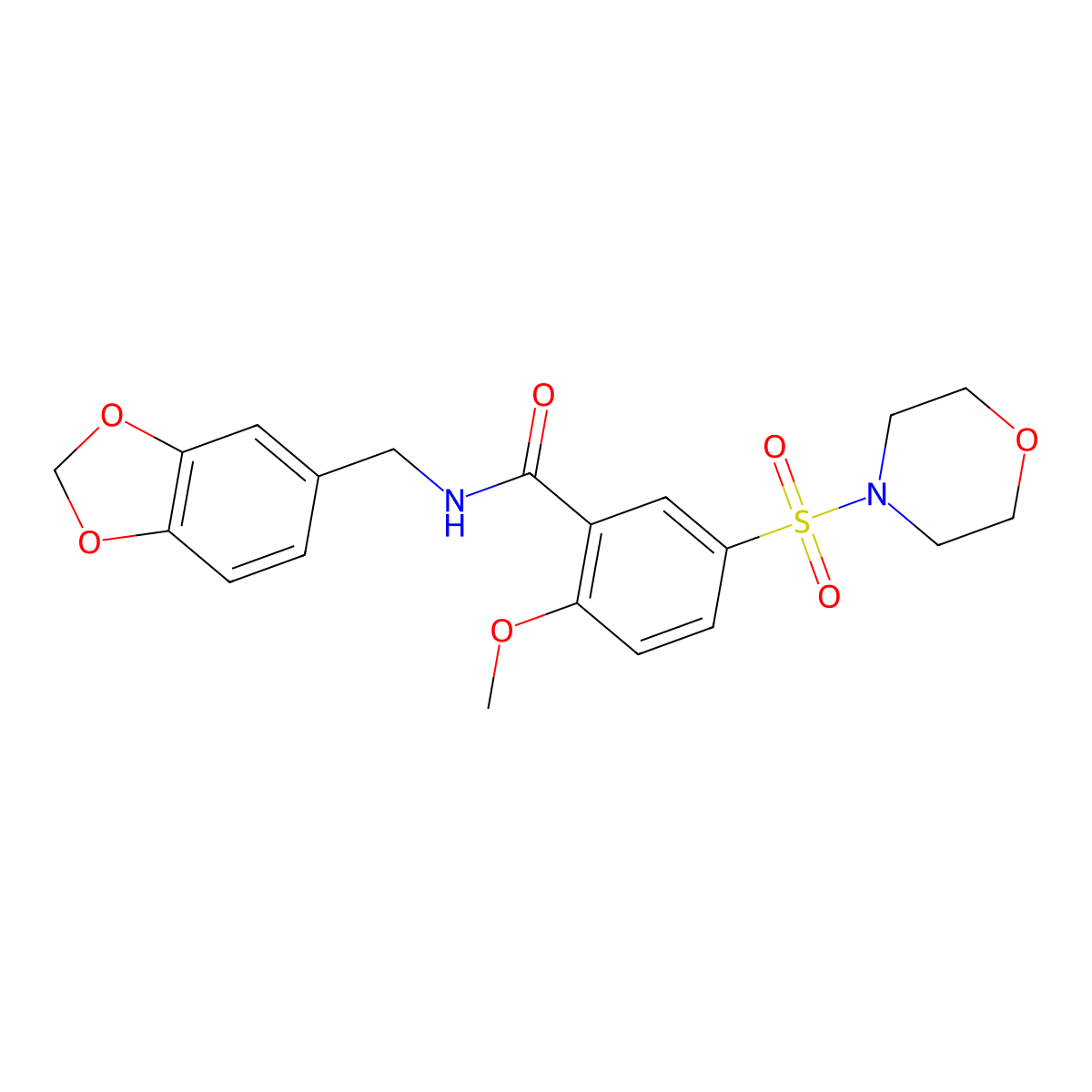N-(benzo[d][1,3]dioxol-5-ylmethyl)-2-methoxy-5-(morpholinosulfonyl)benzamide molecular structure, CAS 496776-67-1
