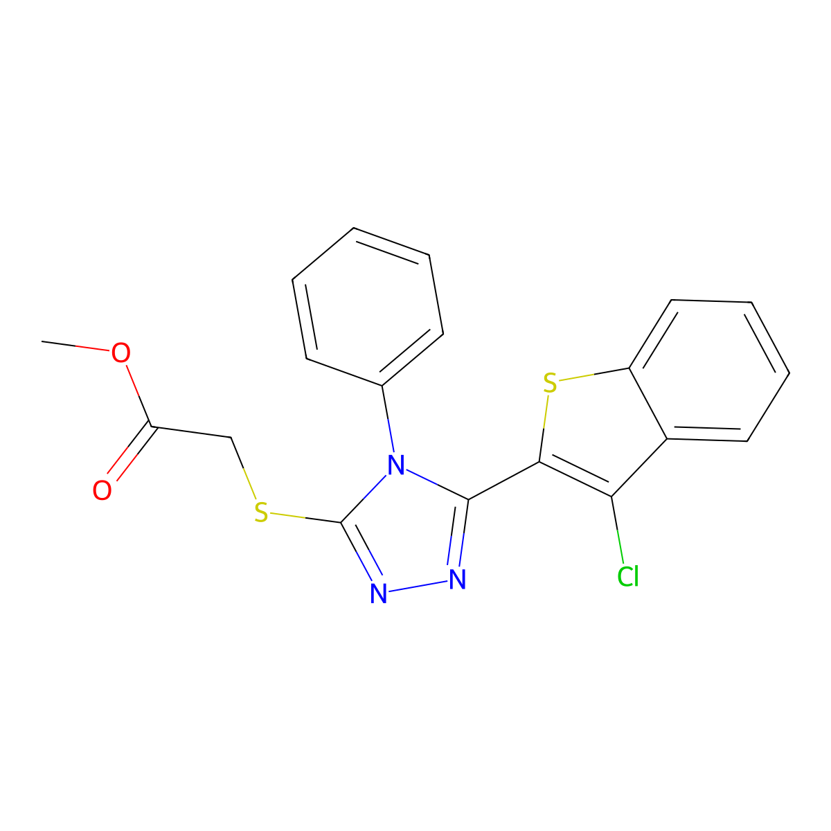 methyl {[5-(3-chloro-1-benzothiophen-2-yl)-4-phenyl-4H-1,2,4-triazol-3-yl]sulfanyl}acetate molecular structure, CAS 496776-77-3