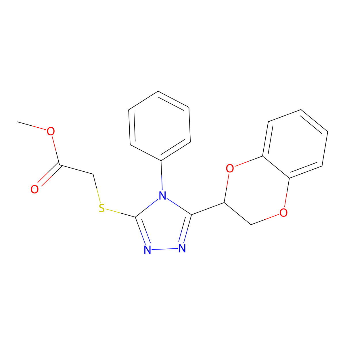 methyl 2-((5-(2,3-dihydrobenzo[b][1,4]dioxin-2-yl)-4-phenyl-4H-1,2,4-triazol-3-yl)thio)acetate molecular structure, CAS 496776-84-2