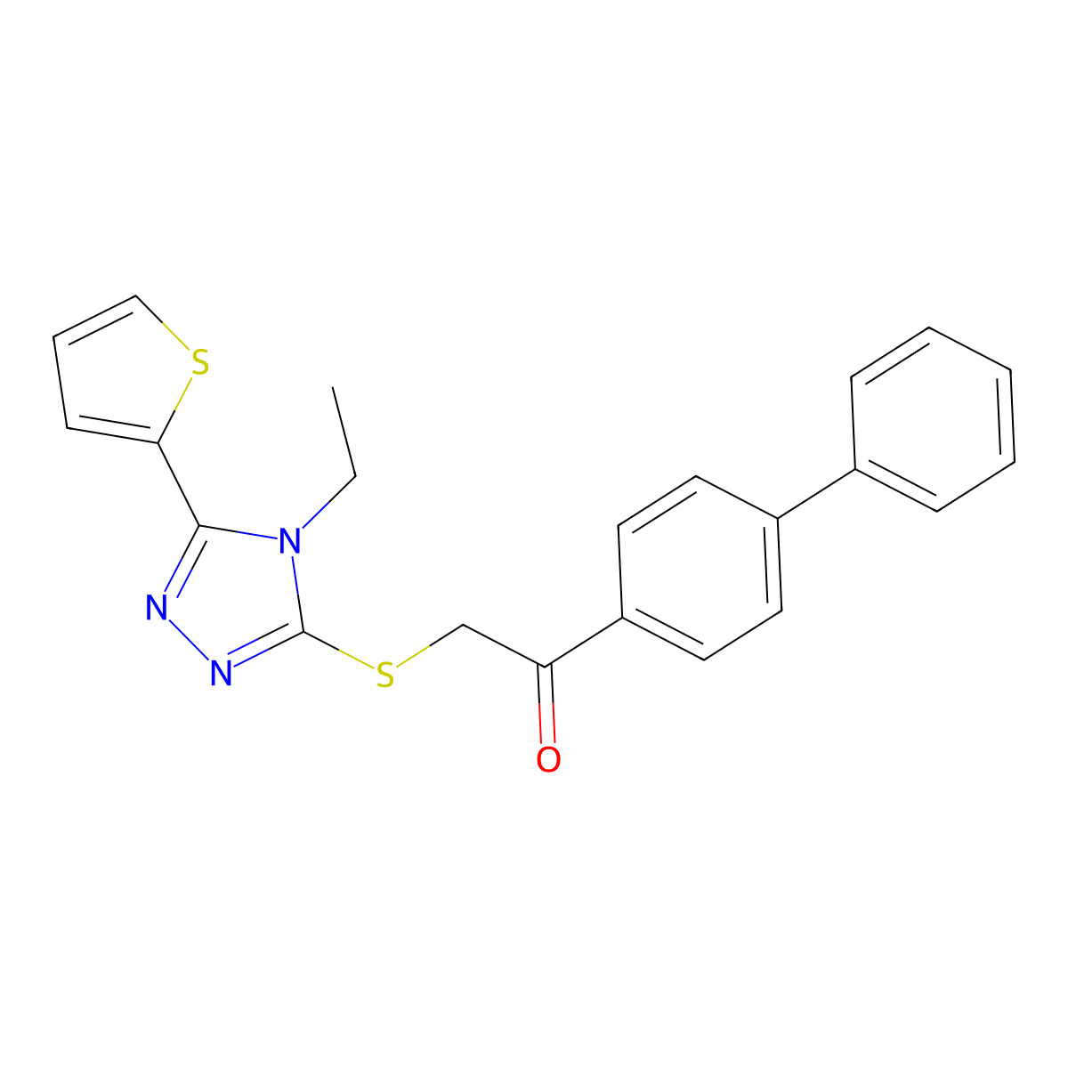1-biphenyl-4-yl-2-{[4-ethyl-5-(2-thienyl)-4H-1,2,4-triazol-3-yl]thio}ethanone molecular structure, CAS 496776-89-7