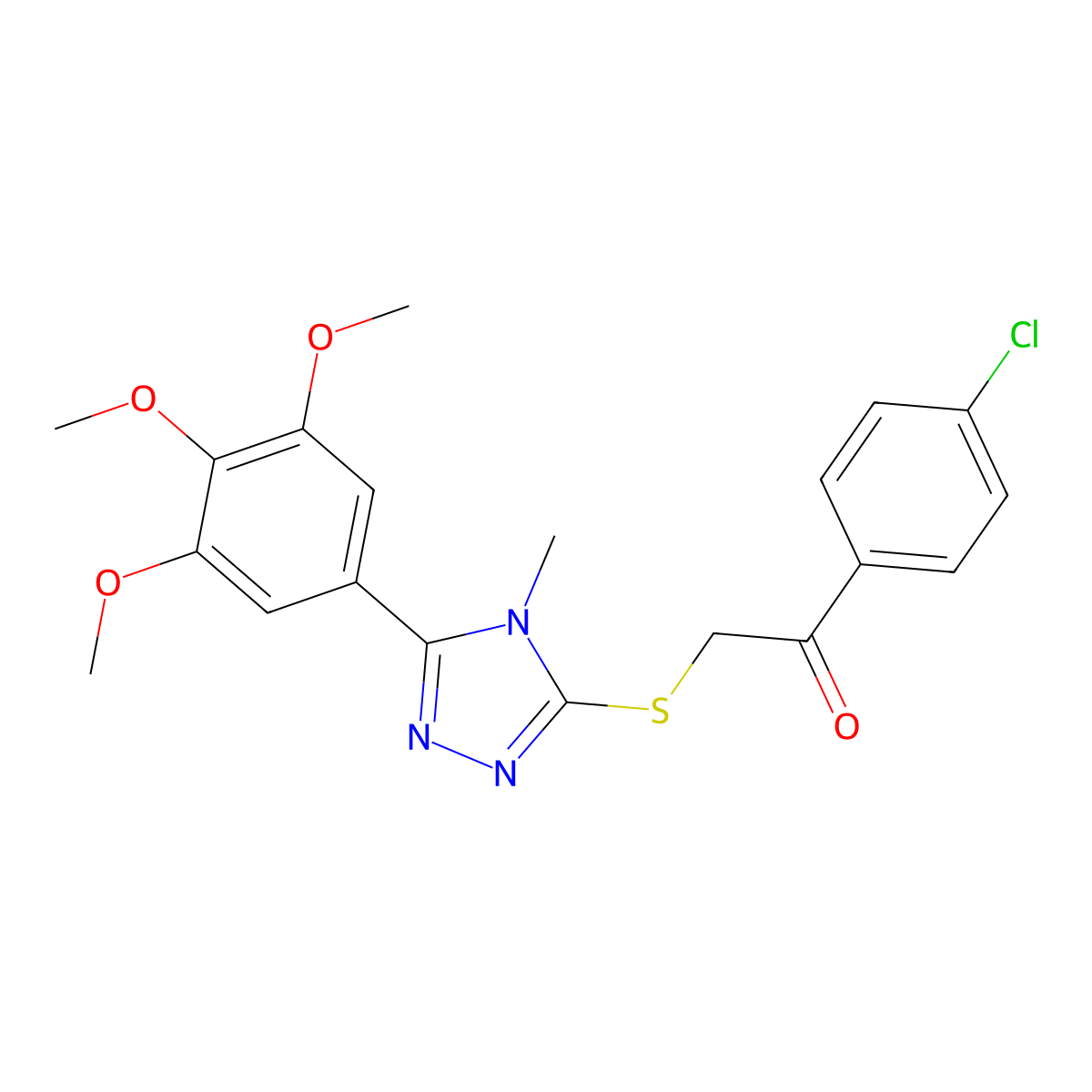 1-(4-Chlorophenyl)-2-[[4-methyl-5-(3,4,5-trimethoxyphenyl)-1,2,4-triazol-3-yl]sulfanyl]ethanone molecular structure, CAS 496777-10-7